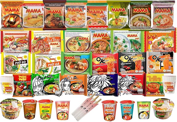 HCG Thai Ramen Noodles Variety Pack with Mama Soup and Wai Wai Quick Instant Noodle, Pack of 15 with chopsticks, 18 Piece Set