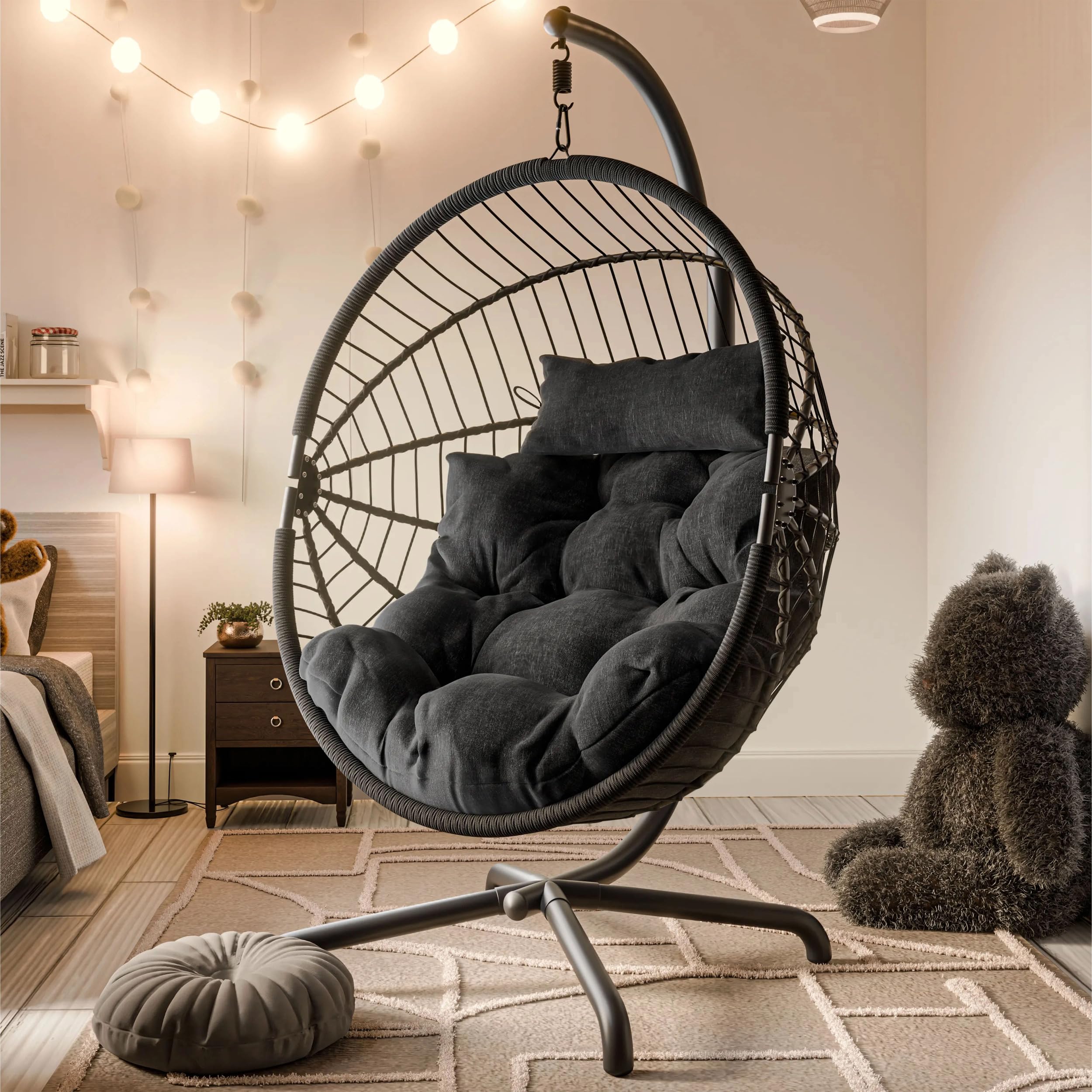 Blisswood Rattan Swing Chair for Indoor & Outdoor use - Hammock Hanging Egg Chair with Cushion and Stand - Foldable Wicker Pod Chairs for Garden, Patio or Balcony - Upto 150kg Weight Capacity (Black)