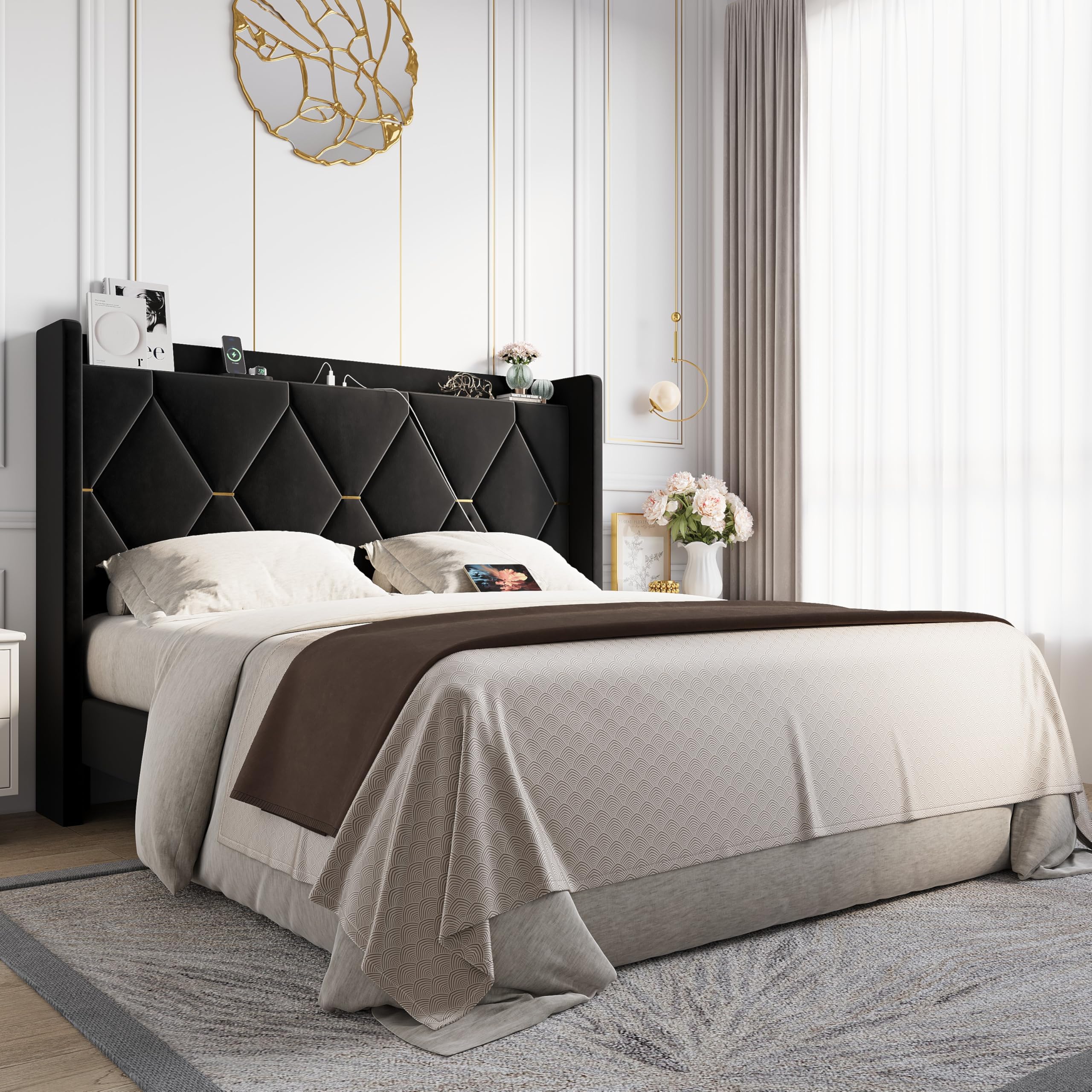 Allewie Velvet Queen Upholstered Bed with wingback headboard