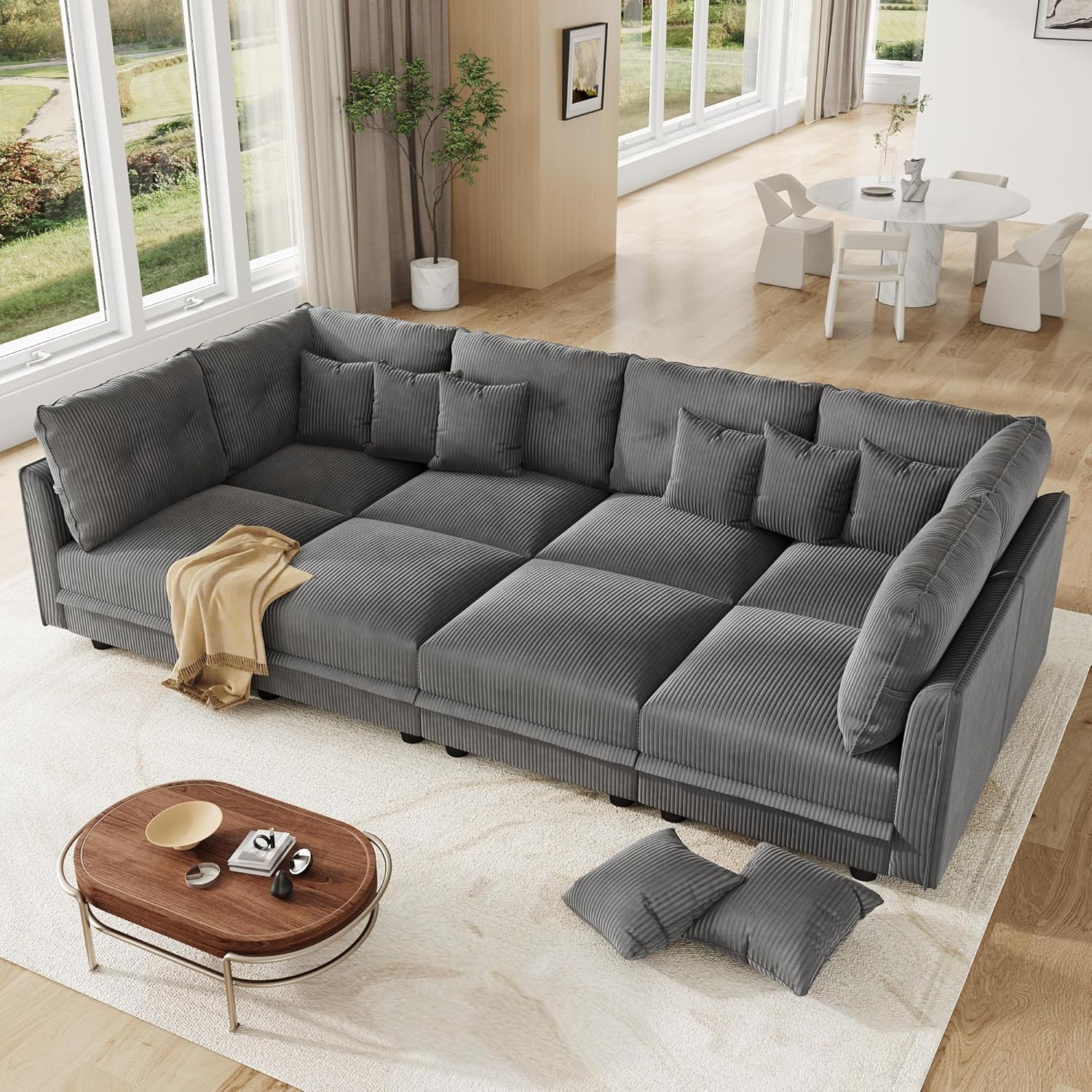 LLappuil Plush Corduroy Storage Modular Sectional Sofa | U Shaped Couch, 8-Seater, 8 Throw Pillows, Free Combination, Grey Couch