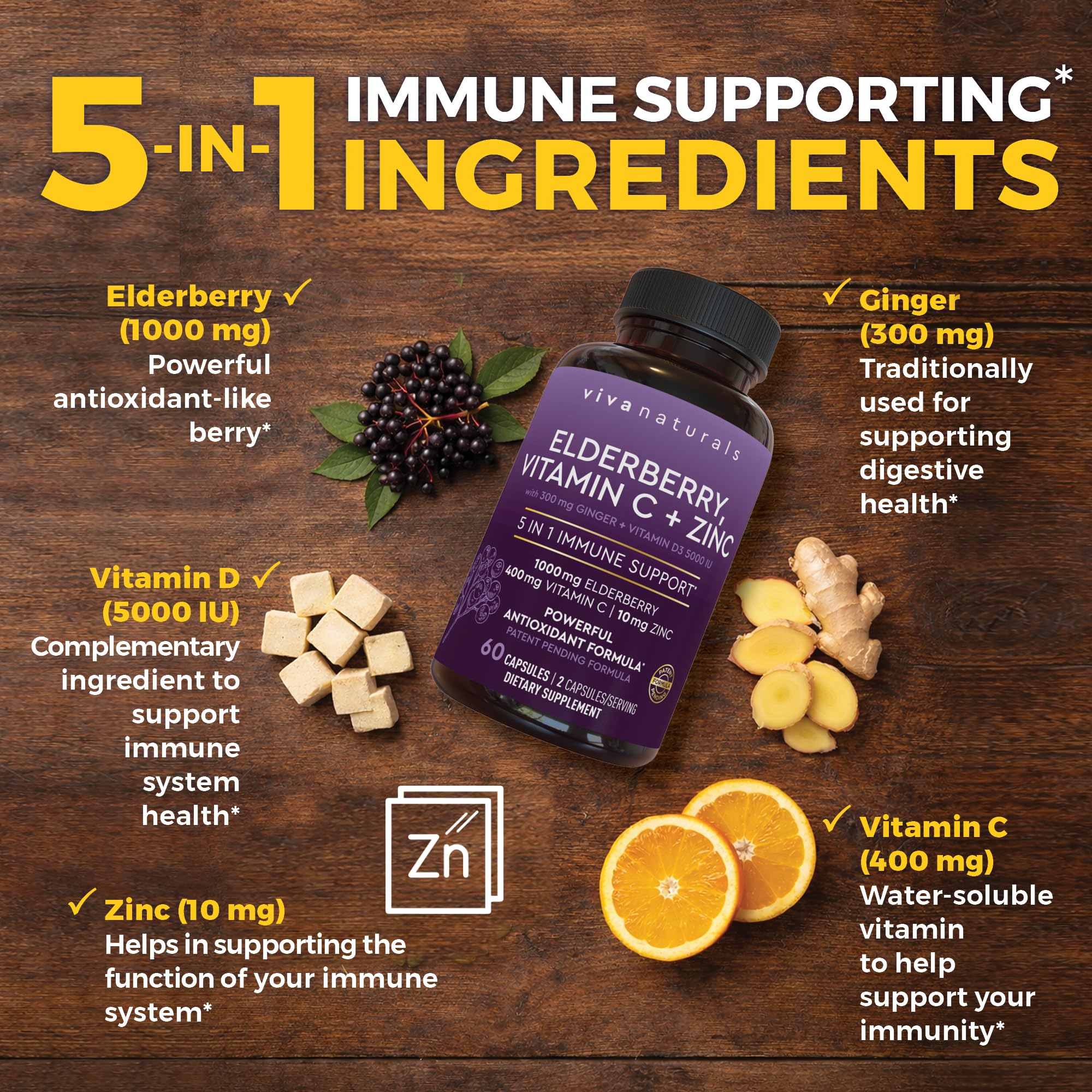 Viva Naturals Black Elderberry 1000mg with Vitamin C, D3 5000 IU & Zinc - 5-in-1 Immune Support Supplement for Adults, Sambucus Elderberry Capsules with Ginger for Men and Women, (60 Capsules) — Amazon image 3
