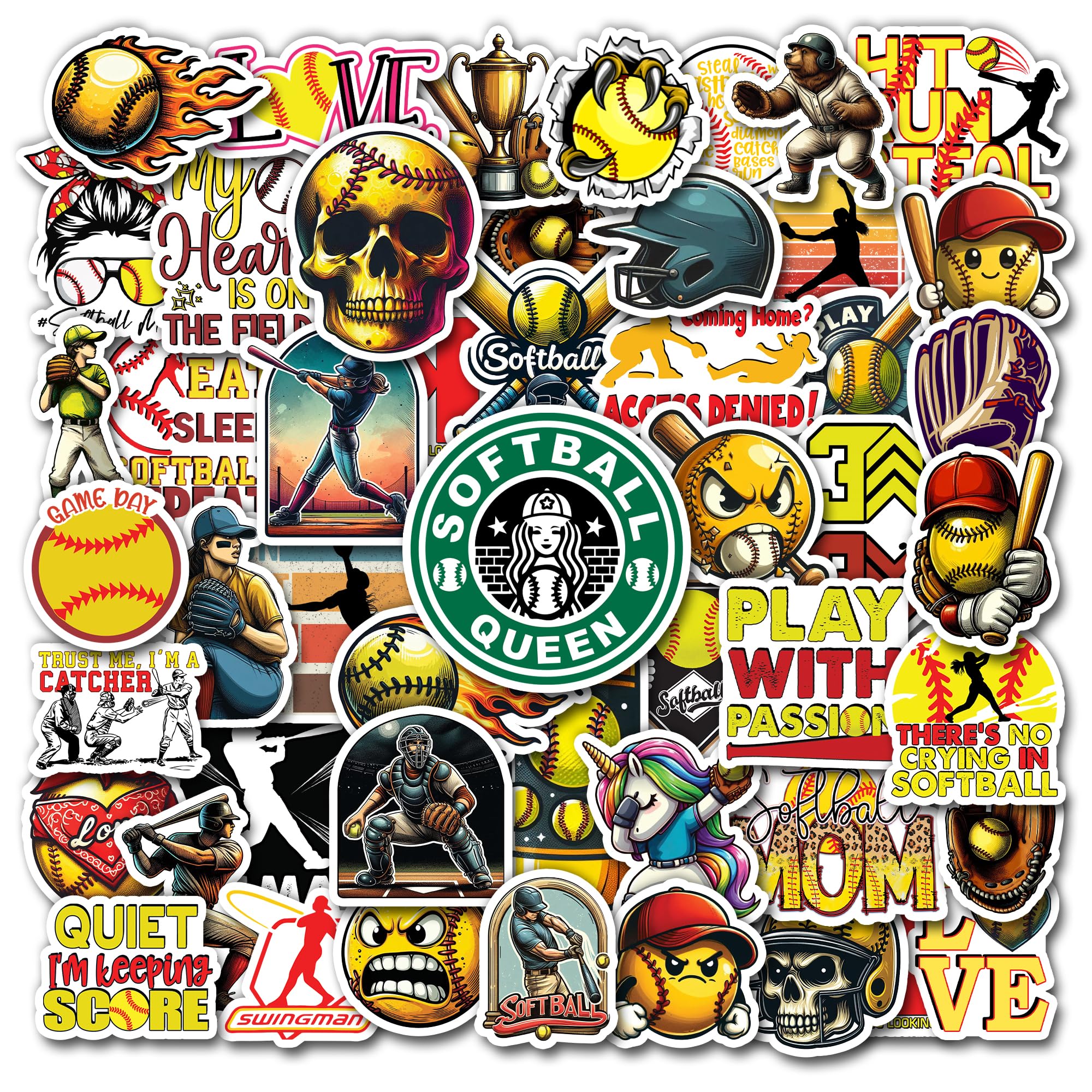 Pack 50 PCS Softball Stickers Waterproof Vinyl Decals Party Favors Items Labels Decoration Laptop Phone Case Water Bottle Scrapbooks Skateboard Gifts