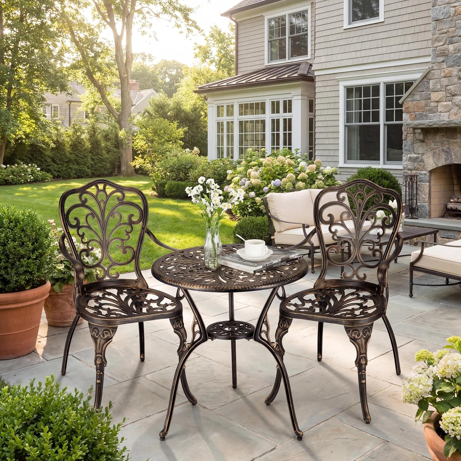 Patio Bistro Set of 3, All Weather Cast Aluminum Bistro Sets with Umbrella Hole, Outdoor Round Porch Set Patio Table and Chairs for Backyard Garden Balcony Pool, Bronze