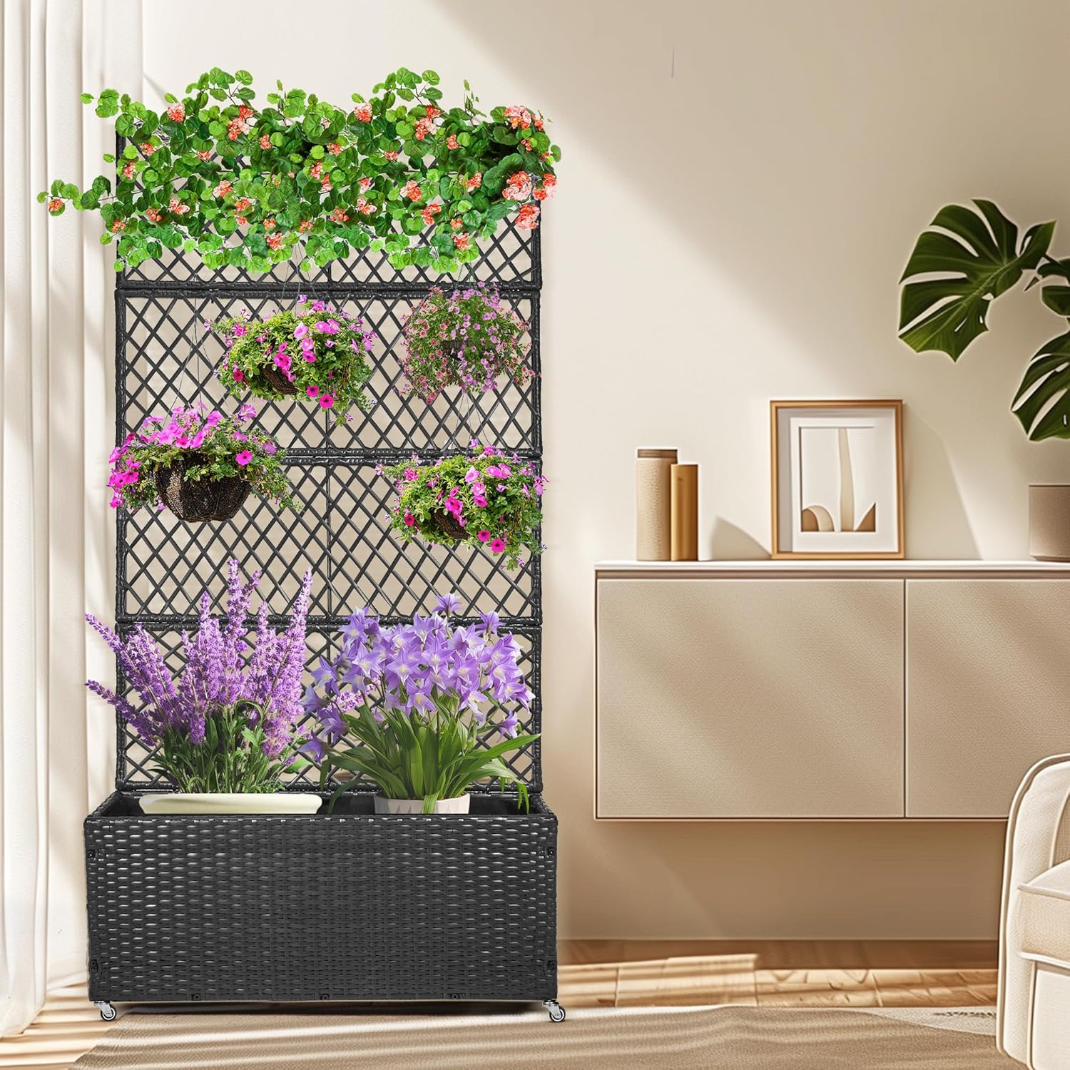 GENMOUS 72in/5.9ft Metal Raised Garden Bed with Trellis, Planter Box Trellis with Wheels for Vine Climbing Plants, Trellis with Drainage Holes for Flowers, Vegetables in Garden, Patio, Balcony （Black）