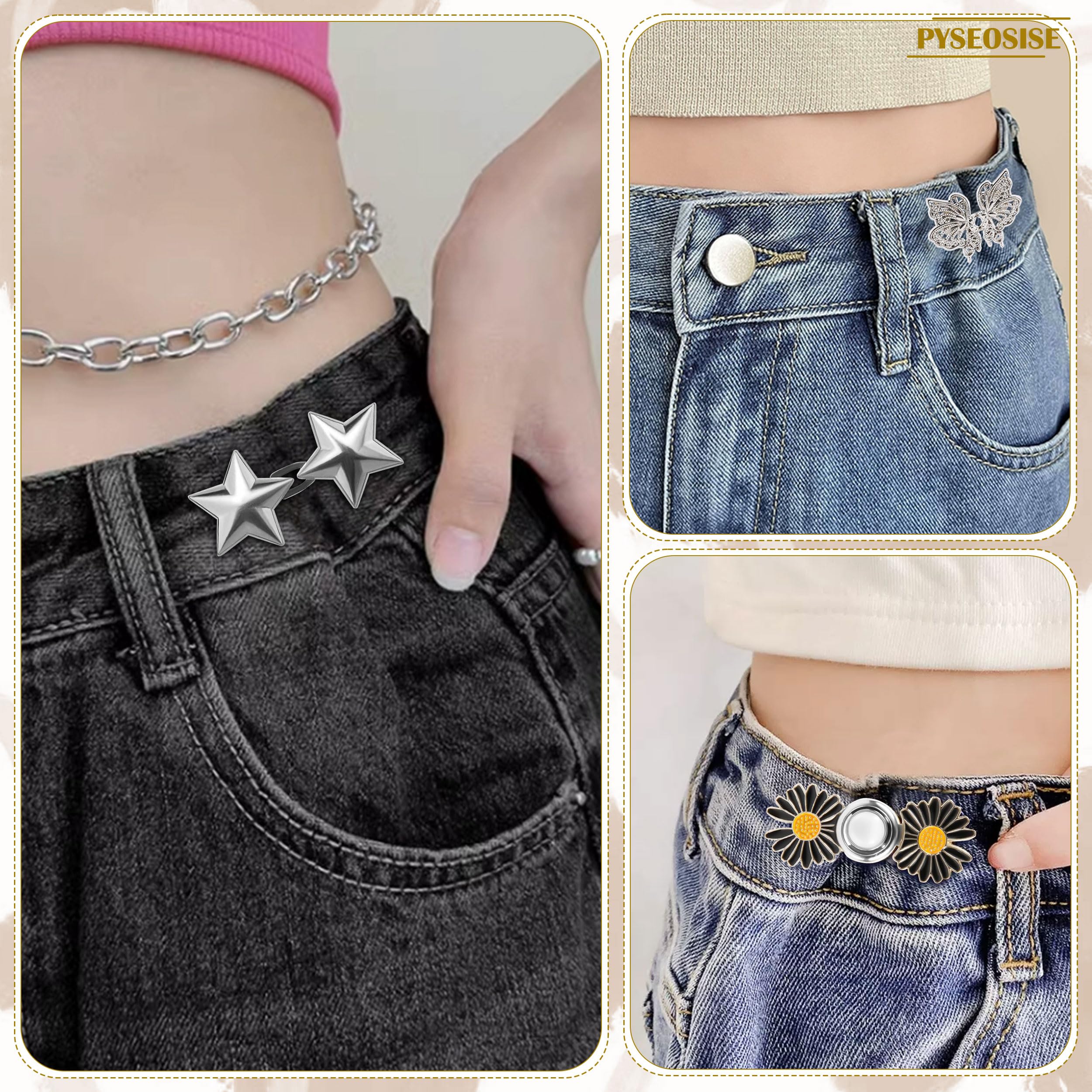 Stringi Pantaloni Vita, 12 Set Bottoni per Stringere Jeans, Senza Cucire Bottoni Jeans Regolabili Bottone Stringi Pantaloni e 6 Spilla con Perle per Donna Pantaloni Gonne