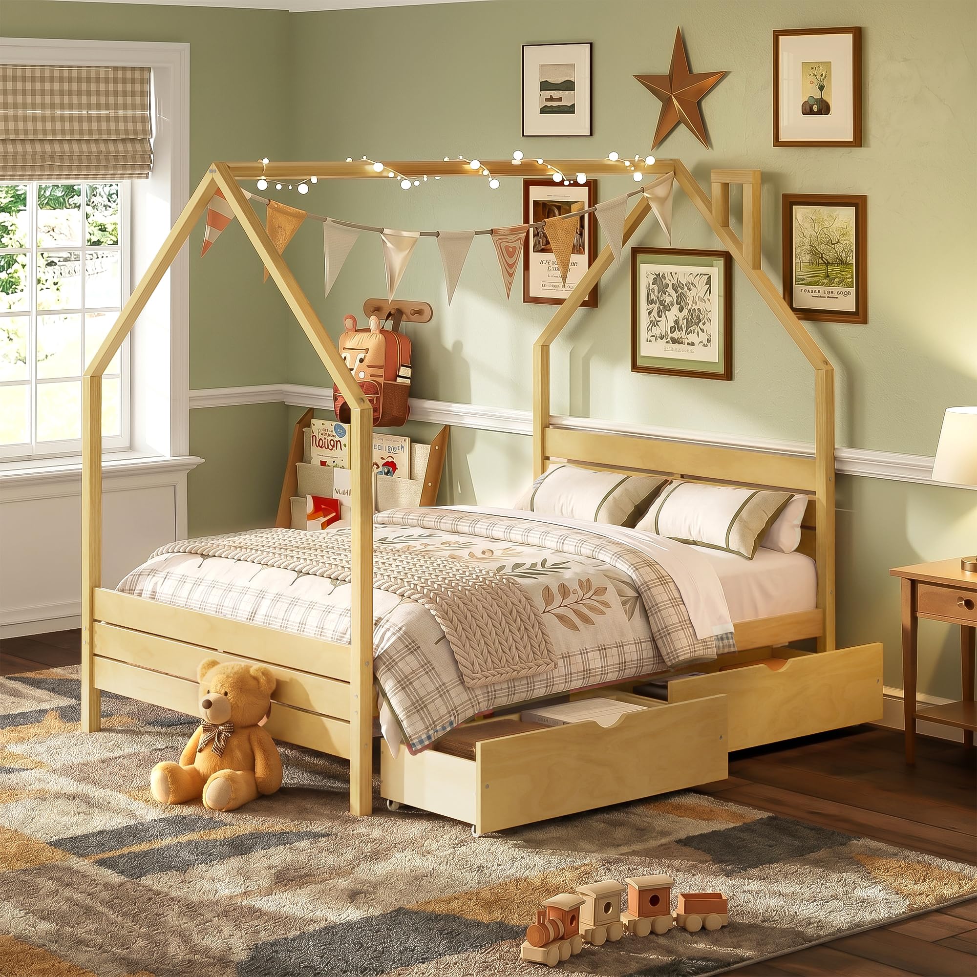 Full Size House-Shape Platform Bed with Headboard and 2 Storage Drawers, Montessori Wood Bed Frame with Roof and Chimney Design, No Box Spring Needed, Easy Assembly (Natural-06, Full)