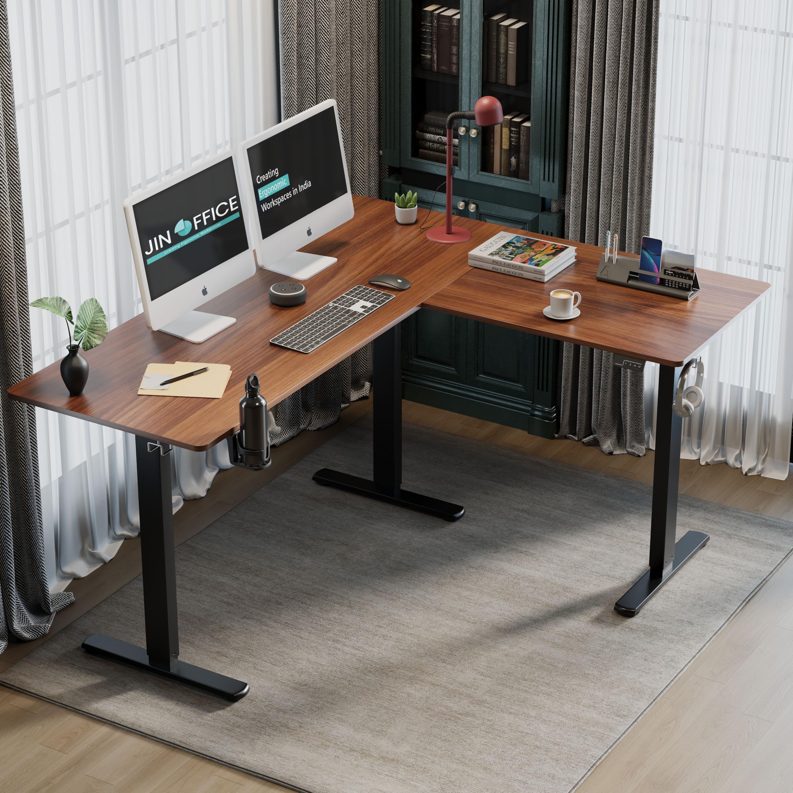 JIN OFFICE Atlas L-Shaped Electric Height Adjustable Desk |Reversible Design L-Shape Adjustable Table | 3 Year Warranty,100 KG Wt. Cap, Memory Presets, Cup Holder|Home Office Sit Stand Ergonomic Desk-image-16