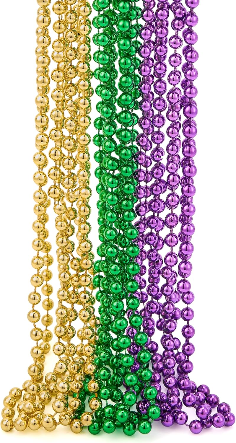 JOYIN 12 Pcs Mardi Gras Gold Green Purple Bead Necklaces, Multi Metallic Colors Necklace Set for Mardi Gras Party Favors Supplies, St. Patricks Day Costume Accessories Decorations