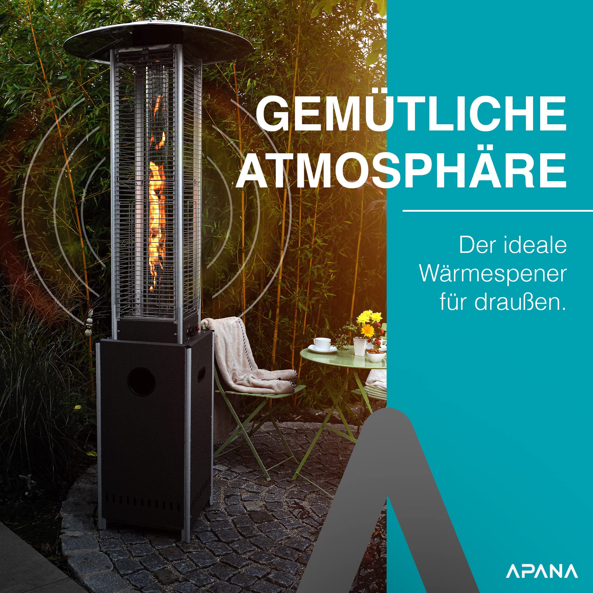 APANA Gasheizer 12,5 kW Bellamente Cristal – Gas Heizpilz in Schwarz mit Transportrollen – Terrassenheizer mit Umkippsicherung & Abschaltautomatik – Outdoor Heizstrahler für Garten & Balkon