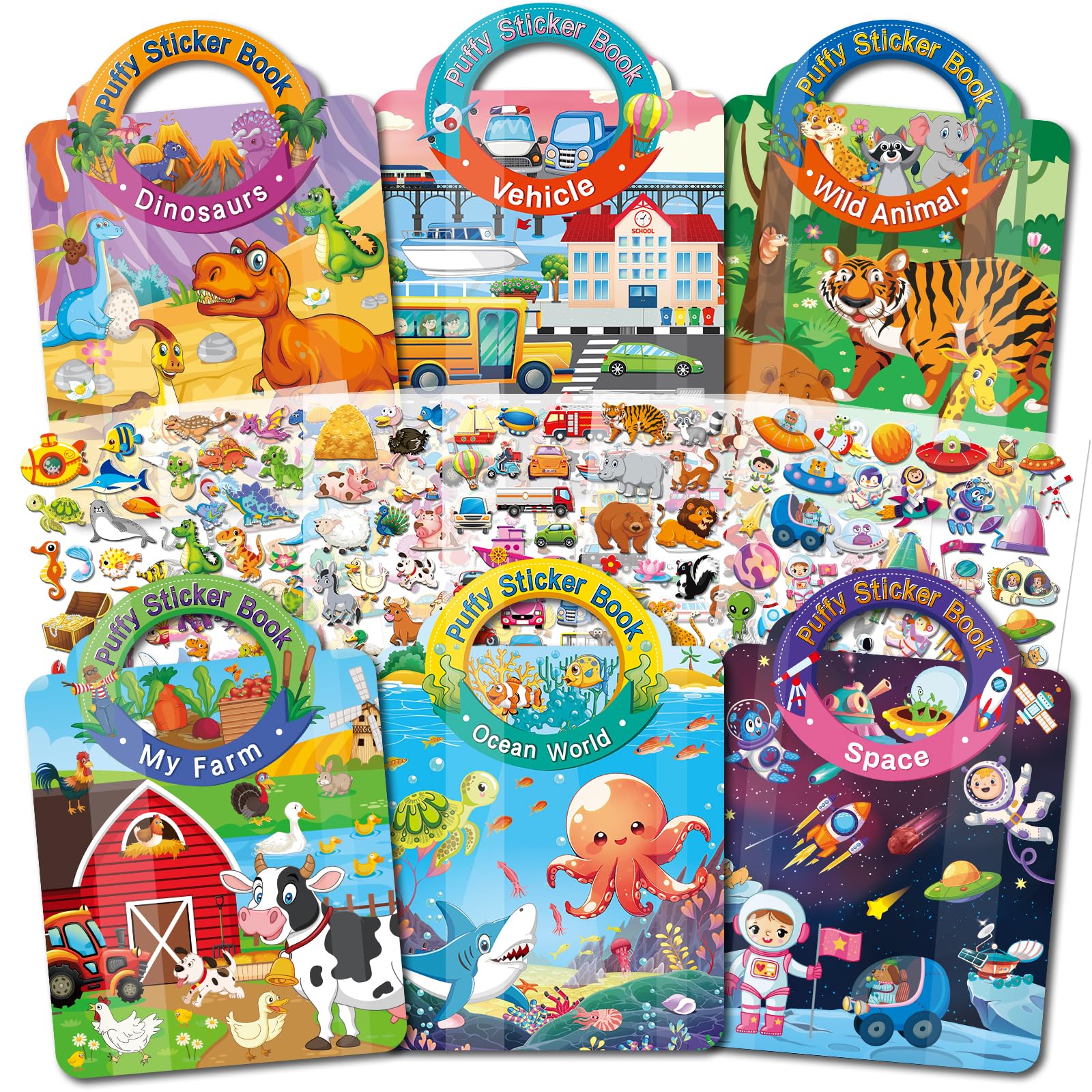 Elfew 6 Pezzi 3D Riutilizzabile Stickers, Libro Adesivi Attacca e Stacca Bambini 2 3 4 5 6 Anni,Libri Stickers Adesivi Bambin, Giochi da Viaggio Bambini 2 Anni