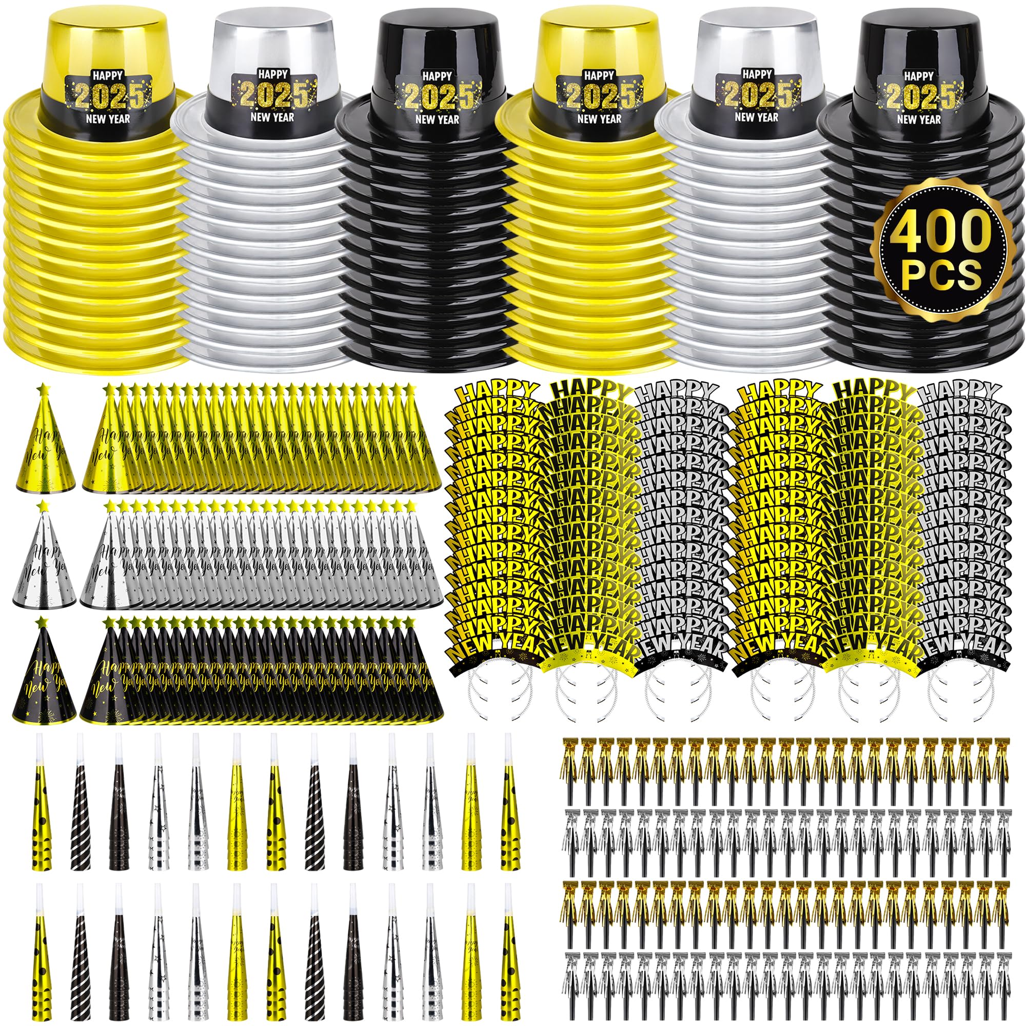 400PCS New Years Party Favors, 2025 New Years Party Hats 200 People, New Years Headbands Gold Black Silver, Plastic Cardboard New Year Party Supplies Cone Hats Party Blowers Horns New Years Christmas