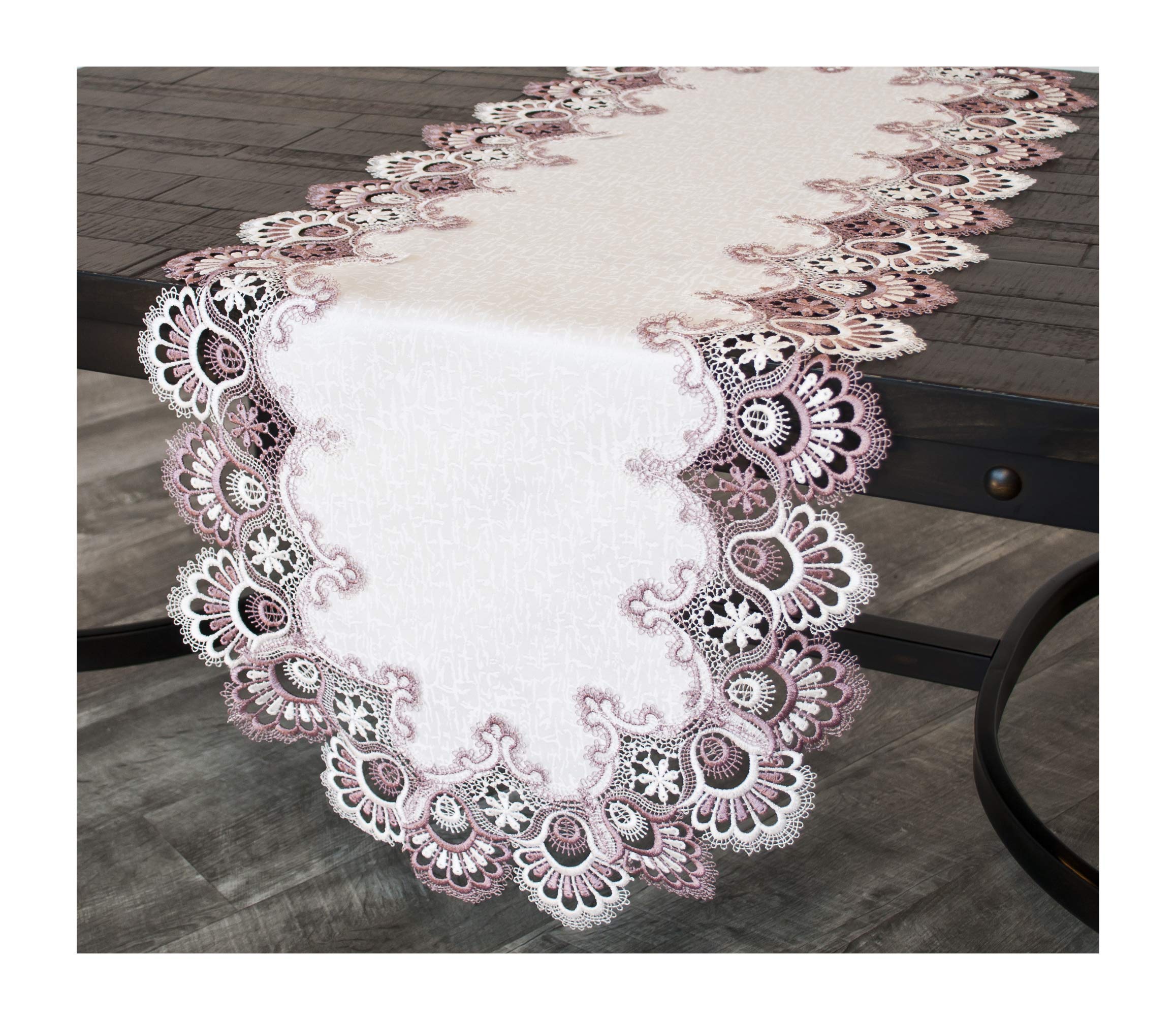 Linens, Art and Things White Mauve Rose Jacquard Peacock Tail Lace 16 x 35 inches Approx Dresser Scarf Table Runner Coffee Table Runner Pink Light Purple