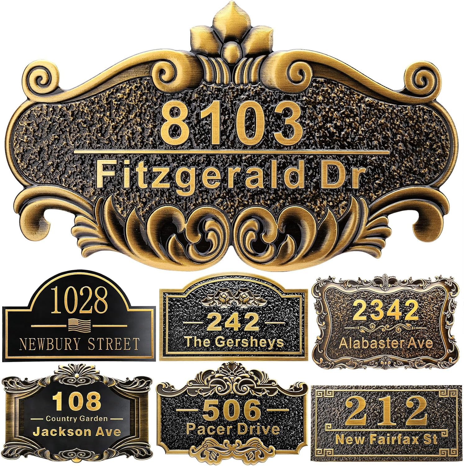 COQOFA Personalized House Address Plaque 12" Cast Numbers for Outside Custom Street Name Address Sign Plate Vintage for Mailbox Door Room Classic Wall Outdoor Antique Brass