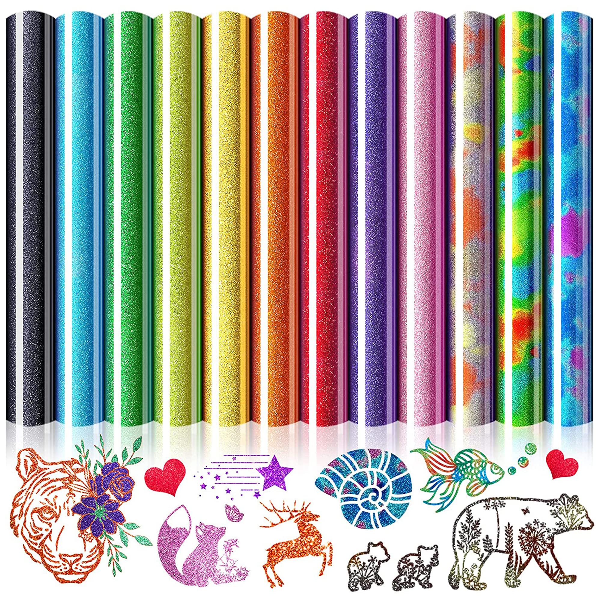 Amazon.com: 12 PCS Glitter Adhesive Heat Transfer Vinyl Bundle HTV Sheets  Printable Iron on Vinyl Permanent Vinyl Sticky Back Paper Craft for Hats/  Pattern T-Shirt/ Clothes/Bags/ DIY Craft Supplies (12''x10'') : Arts,
