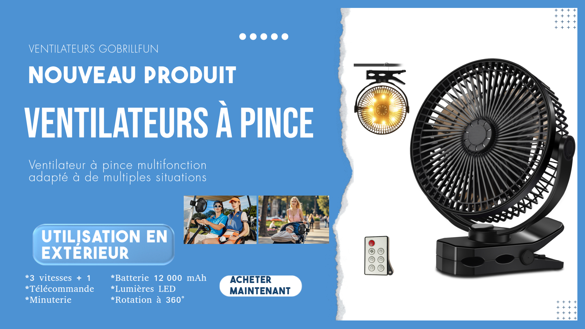 GOBRILLFUN Ventilateur à pince avec batterie 12 000 mAh et télécommande