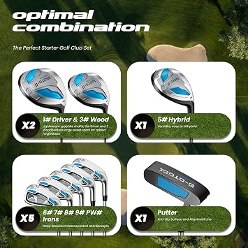 11 Pieces Golf Clubs Set for Men & Women - Right/Left Handed Complete Golf Clubs Full Set Includes Stand Bag with Rain Hood, 1# Drive, 3# Wood, 5# Hybrid, 6# 7# 8# 9# PW# Irons and Putter