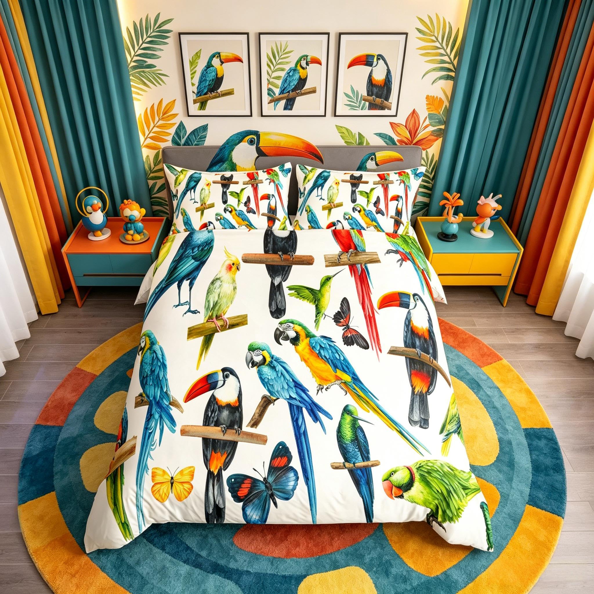 Loussiesd Girls Green Blue Kids Parrot Bedding Set For Children Colorful Bird Pattern Bed Cover Decorative Tropical Animal Theme Duvet Cover Butterflies Print Bedspread Cover Single Size 2Pcs Bedclothes
