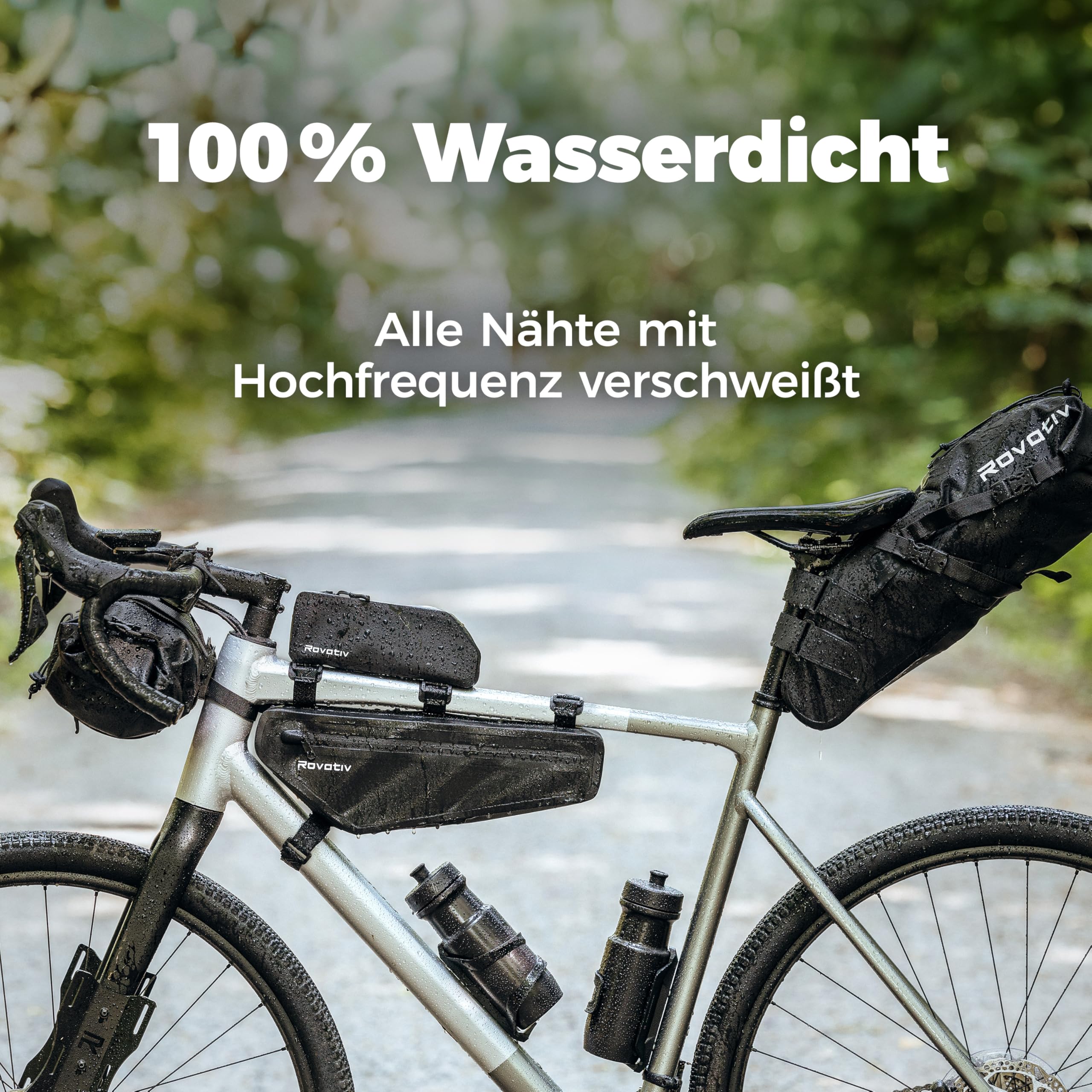 Rovativ® Bikepacking Basis-Set [22,5L] Oberrohrtasche, Satteltasche, Rahmentasche und Lenkerrolle fürs Fahrrad - 100% Wasserdicht - Für Gravelbike, Rennrad und MTB