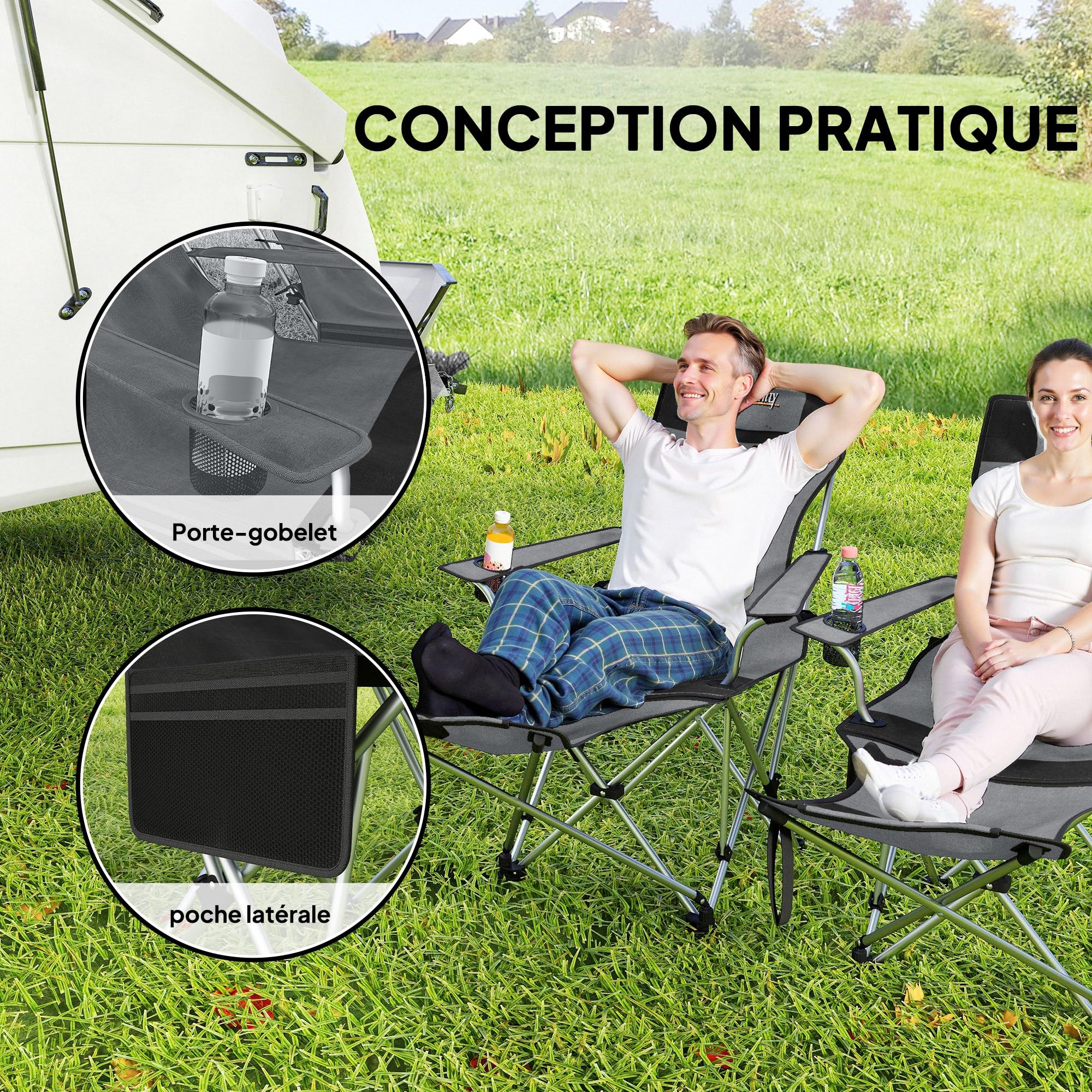 Outsunny Lot de 2 chaises de Camping Pliante inclinable, Chaise Longue de pêche Portable et légère avec Repose-Pieds Amovible, Sac de Rangement, Porte-gobelet et Appui-tête, Gris