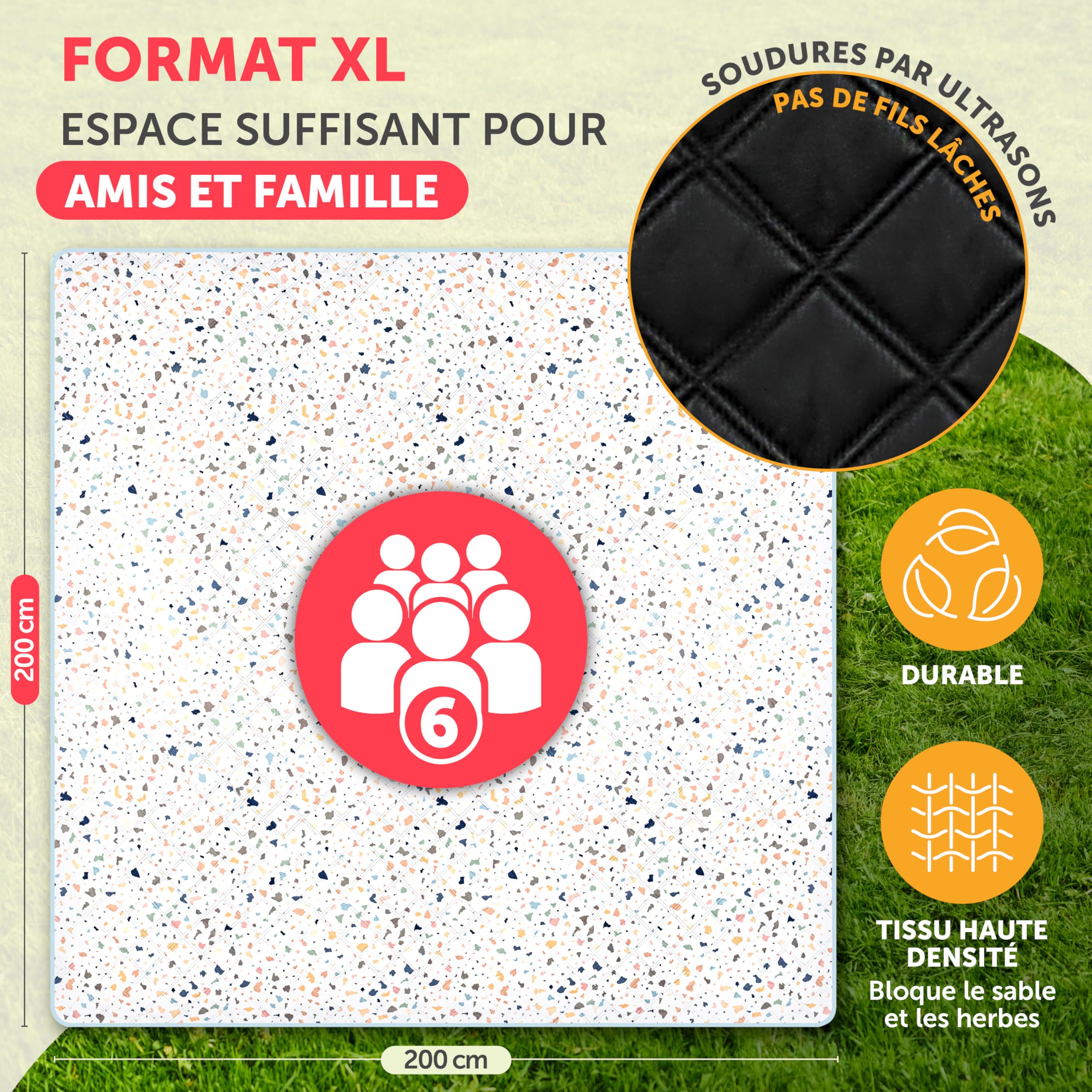 Blumtal Couverture Pique Nique - Couverture Imperméable 200x200 - Tapis de Plage Anti-Sable Lavable - Plaid Imperméable - Nappe Pique Nique en Tissu Oxford Robuste - Motif Terrazzo