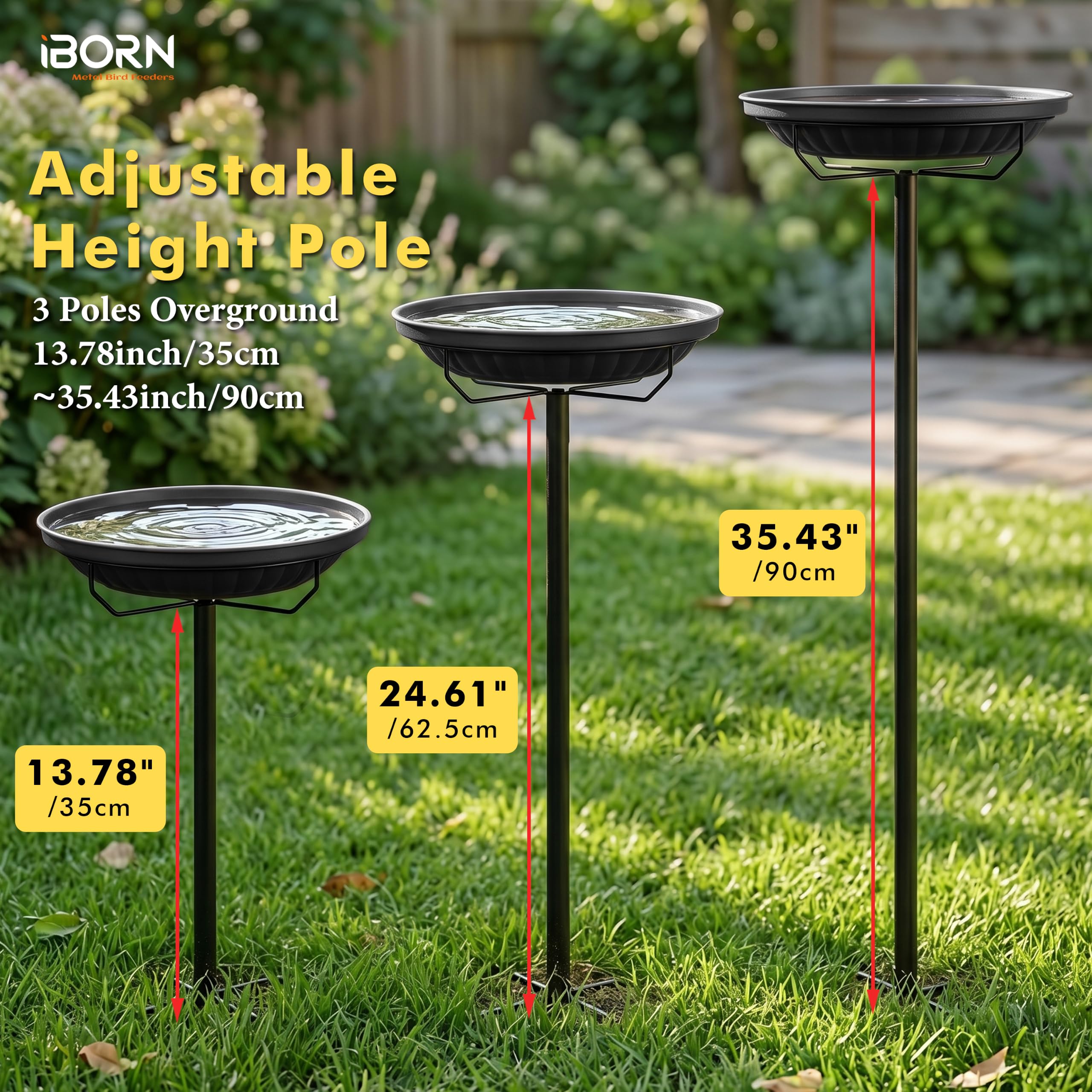 iBorn Freistehendes Metall-Vogelbad, fünfzinkiger Fuß, Höhe 37,4 Zoll, robust & abnehmbar, Vintage-Gartendekor, Schwarz, für Terrasse, Hof & Rasen
