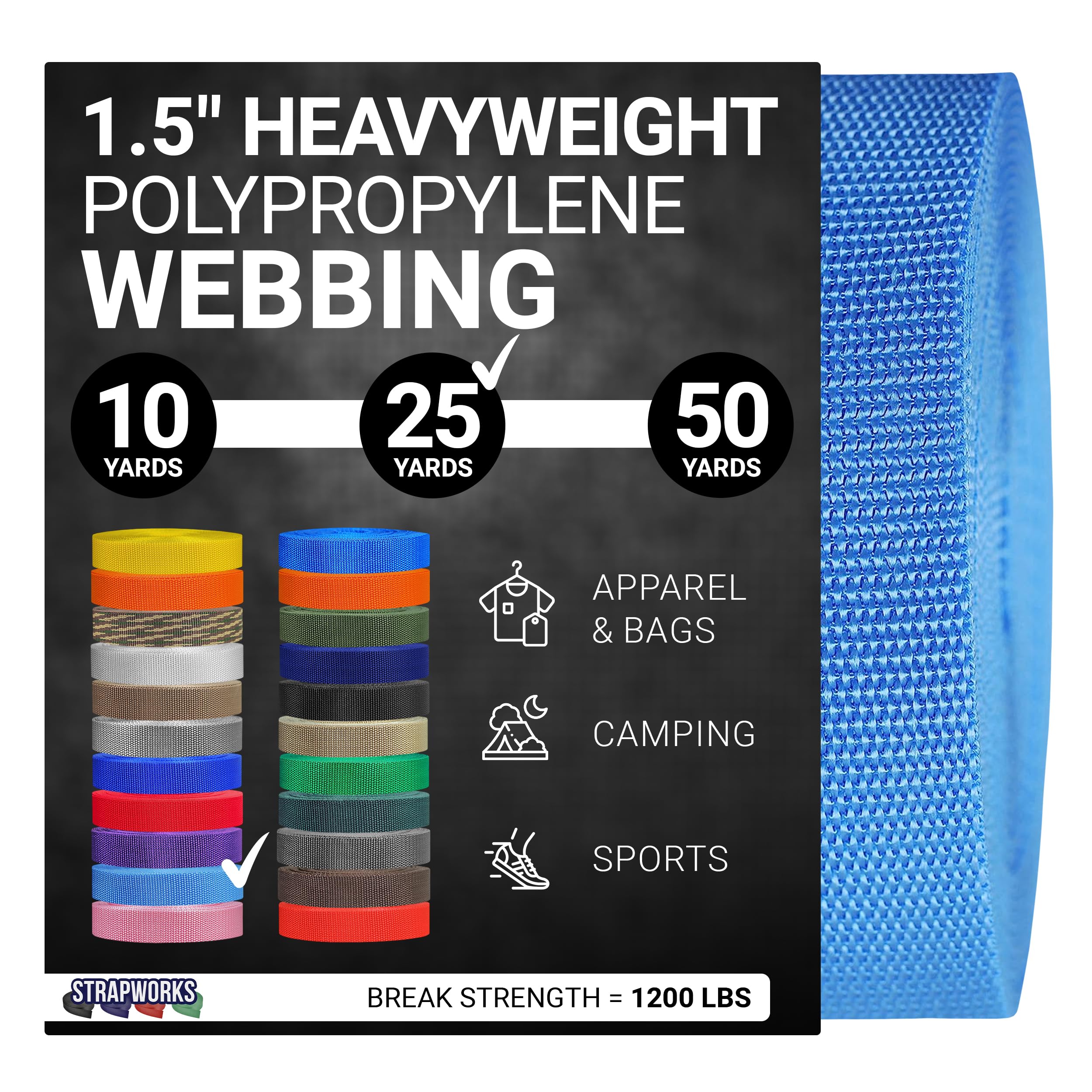 Strapworks Heavyweight Polypropylene Webbing - Heavy Duty Poly Strapping for Outdoor DIY Gear Repair, 1.5 Inch x 25 Yards, Powder Blue