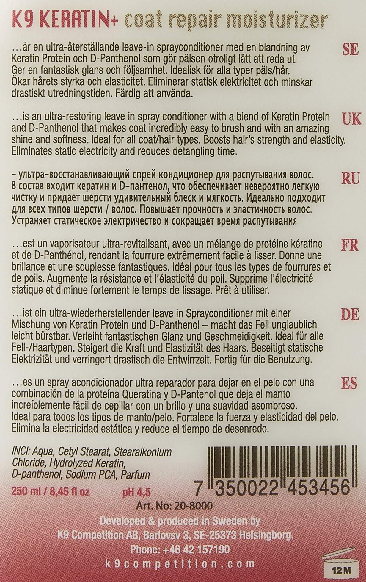 K9 Kératine + Moisture Spray Réparation Pelage pour Chien 250 ML