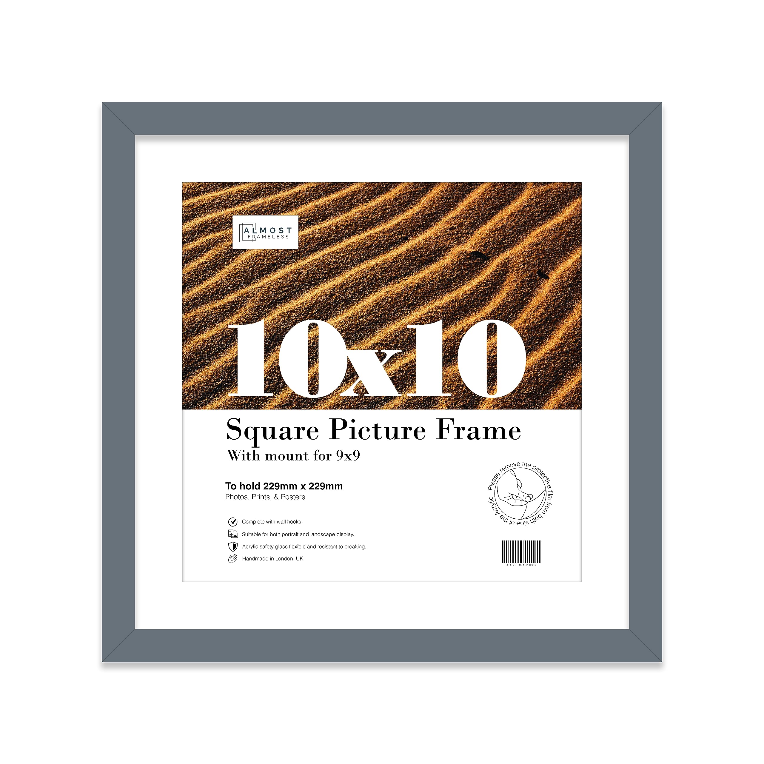 Almost Frameless 10x10 Picture Frame, Display Pictures 9x9 With Mat or 10x10 Without Mat, Wall Hanging & Free Standing Photo Frame, Grey, 1 Pack