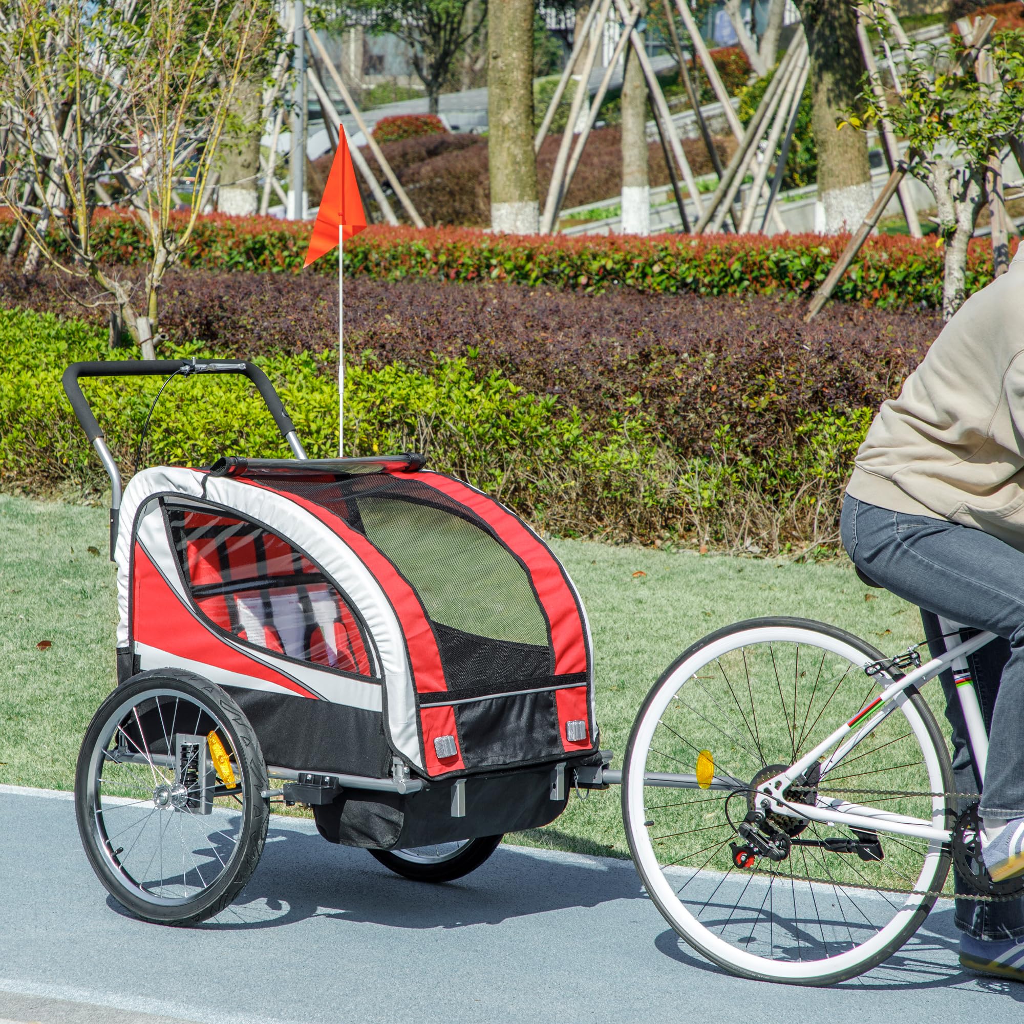 HOMCOM Remorque Velo Enfant 2 en 1 Poussette vélo bébé 2 Places avec Ceinture de sécurité 5 Points, réflecteurs, Drapeau et attelage, Charge 40 Kg, Rouge