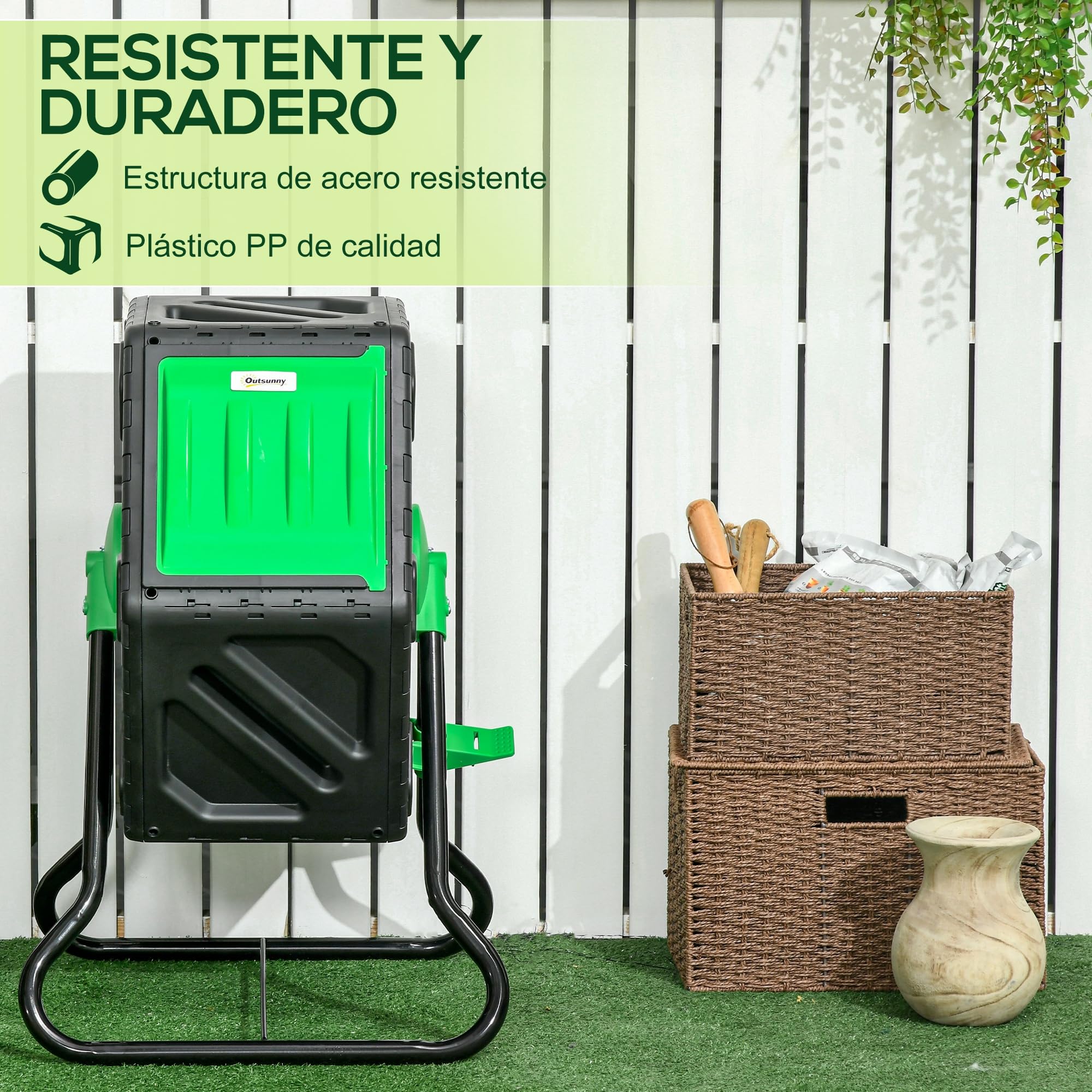 Outsunny Compostador Giratorio 65L Contenedor de Compostaje de Jardín con Aberturas de Ventilación Doble Cámara Compostadora Patas de Acero 60x49x77 cm Negro y Verde