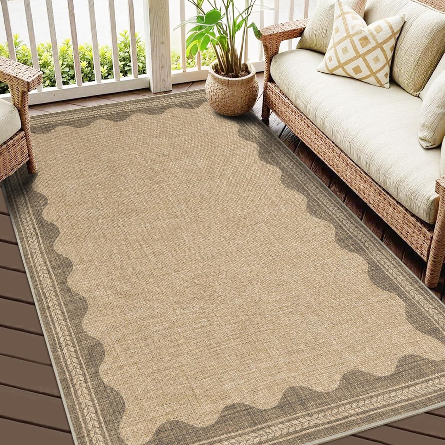 Easy Jute Rug 3x5 Outdoor Rug Scalloped Washable Rugs for Entryway Non Slip Neutral Farmhouse Indoor Outdoor Carpet for Backyard Patio Office 3'*5'(Rectangular) Tan/Scalloped