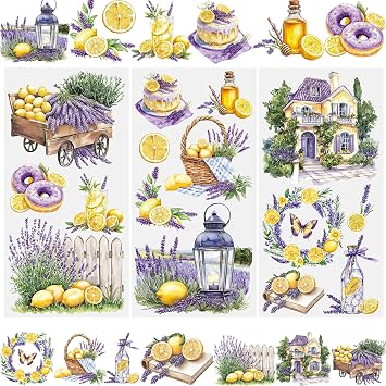 WANDIC 3 Sheets Rub On Transfer Stickers, Lavender Lemon Theme Design Decals Waterproof Stickers for Albums Furniture Laptop Albums,15 * 30cm
