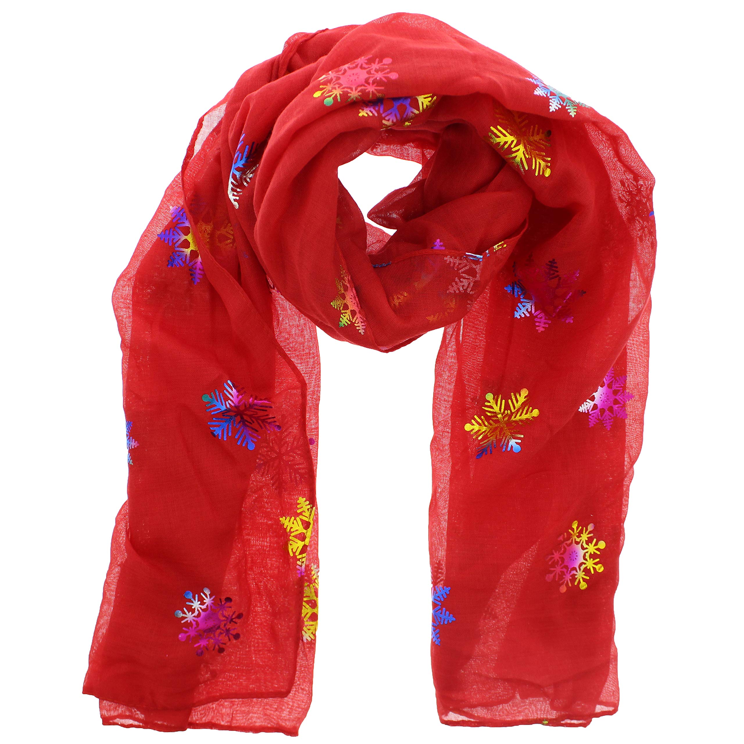 Zac's Alter Ego Women's Red Christmas Scarf With Rainbow Foil Metallic Glitter Snowflake Print
