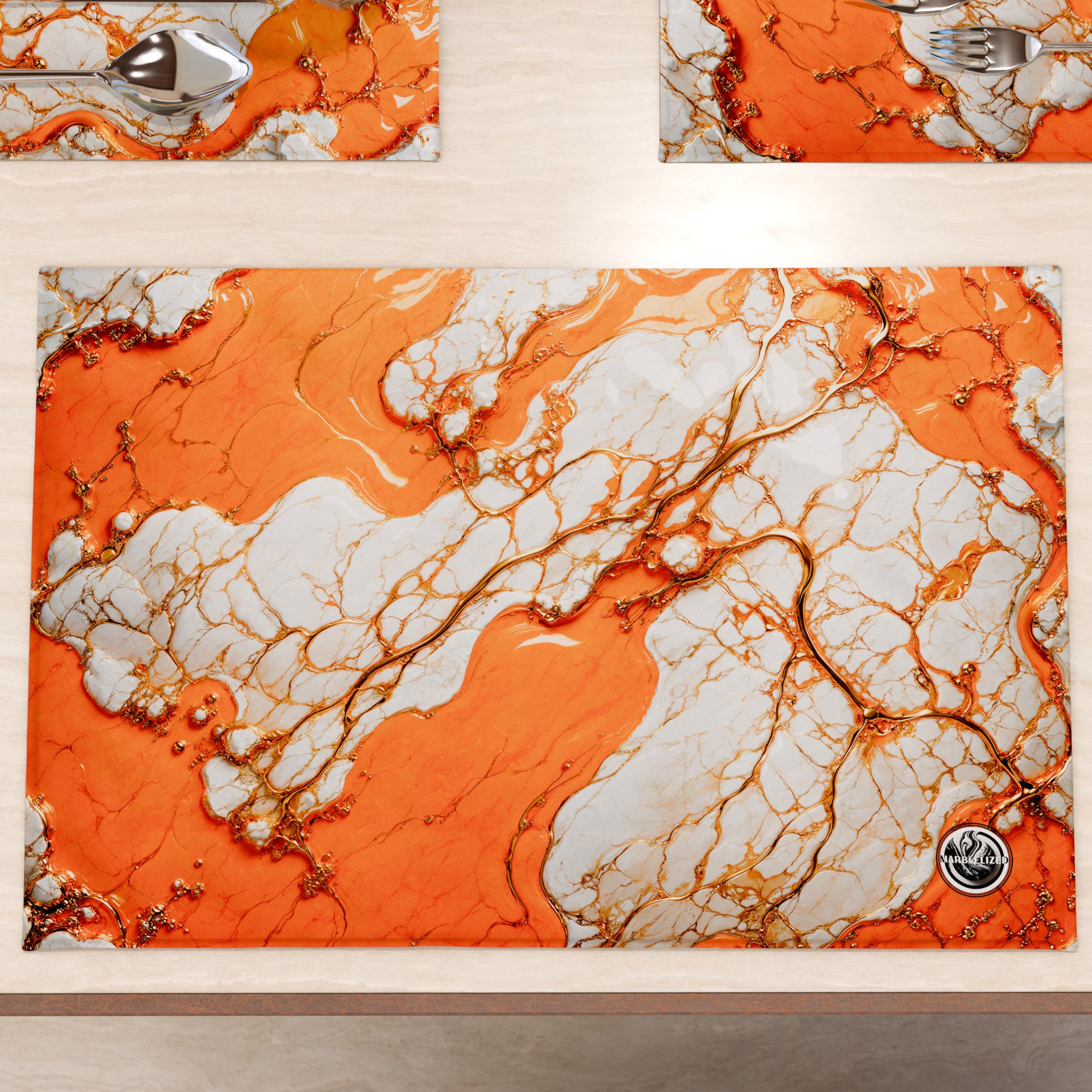 MARBLELIZED, Washable American Placemats, Orange Marble Effect Fabric Placemats, Set of 2 (30 x 45 cm), Elegant