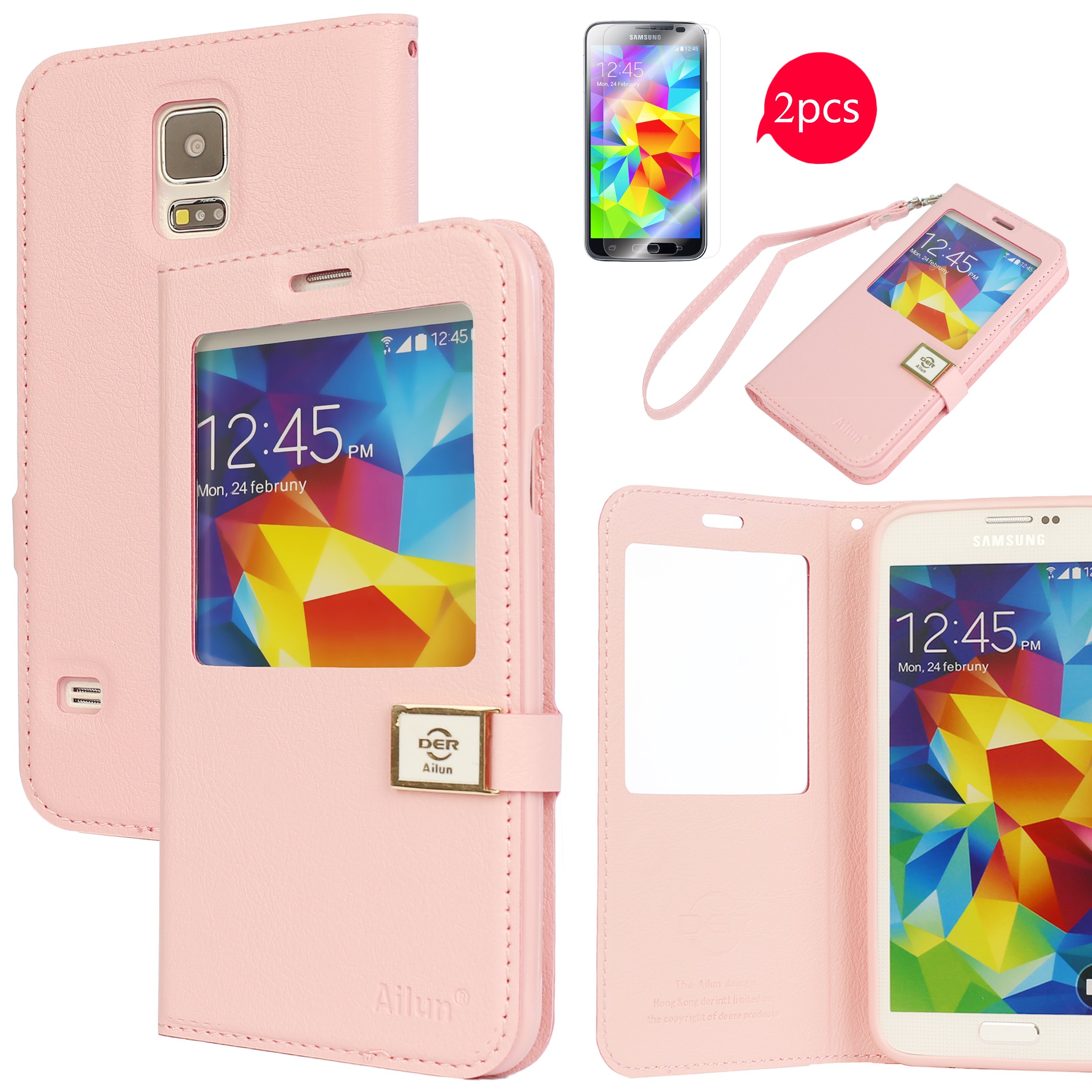 Galaxy S5 Case,[2PCS HD Screen Protectors] by Ailun,Samsung Galaxy i9600 Case,Window-View Case,PU Leather Case,Flip Cover Case[Pink]