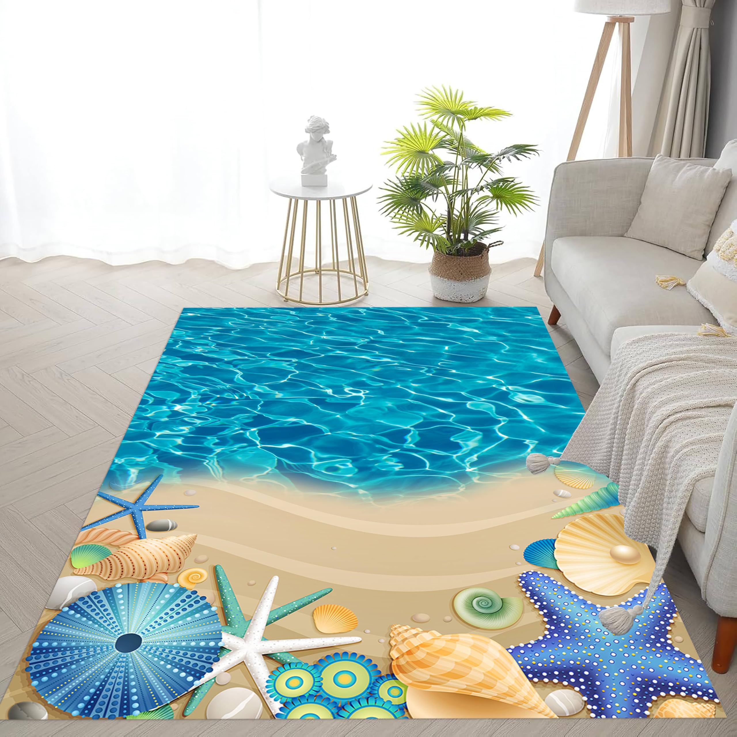 LHOMKCV 3D Ocean Beach Area Rug, 100x150cm, Vivid Wave Seashells Starfish Large Kids Rugs, Cozy Machine Washable Reduce Noise Sea Carpet for Coastal Living Room Playroom