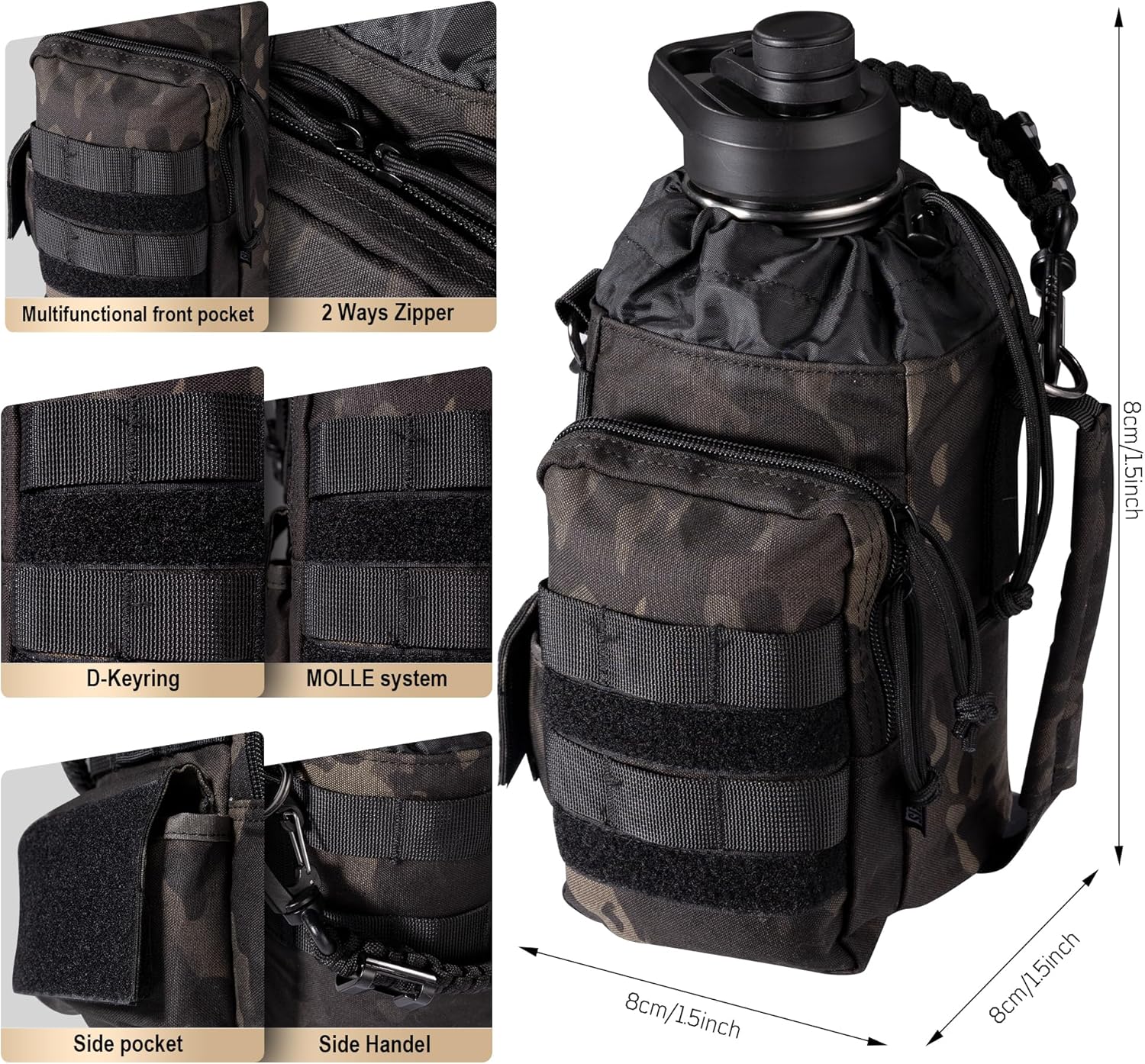 ONETIGRIS Tactical Half Gallon Water Bottle with Straw - 64 oz Vacuum Insulated Stainless Steel Water Jug, Leakproof Sport Bottle with 3 BPA Free Lids, Paracord Handle & MOLLE Water Pouch for Outdoor - Image 9