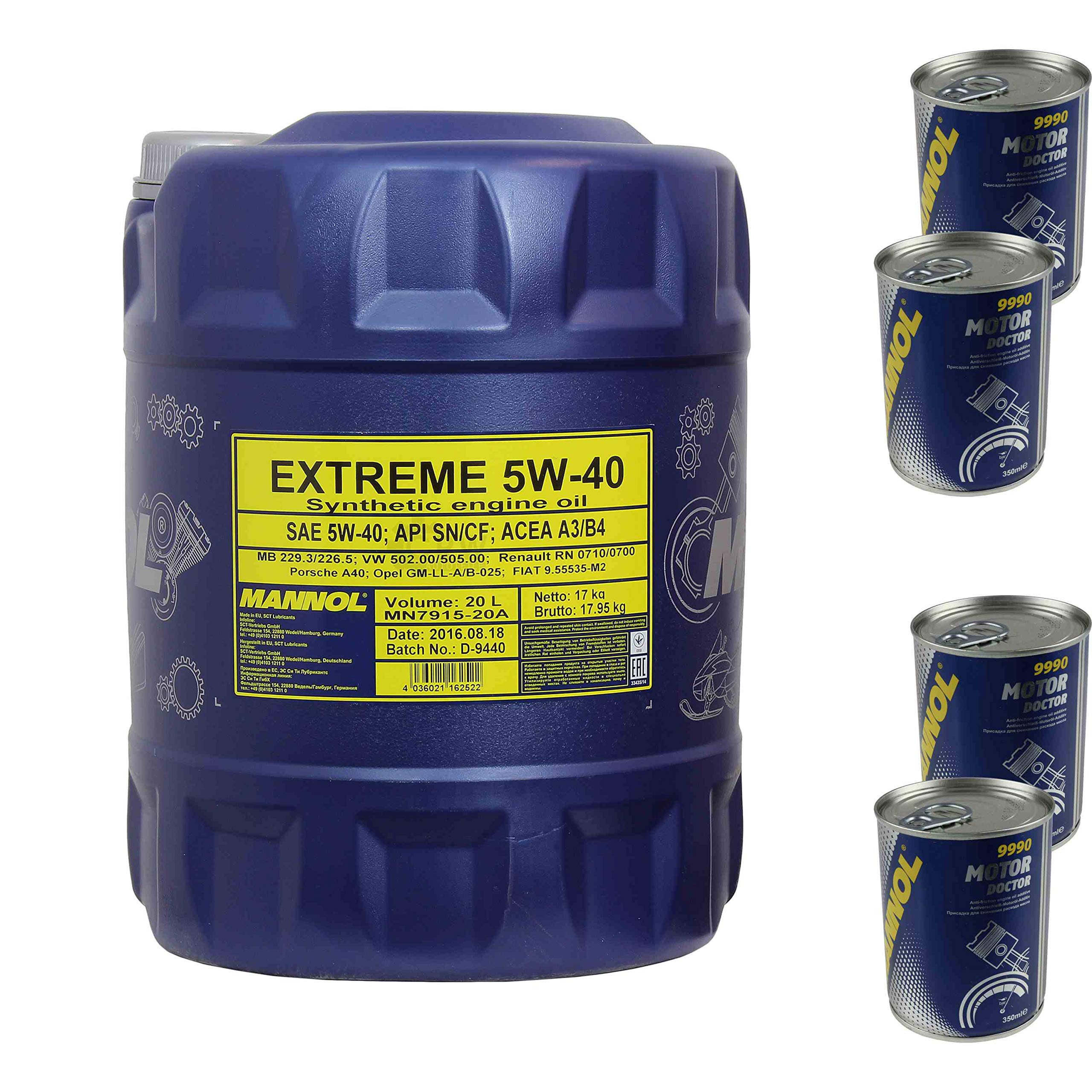Huile moteur Mannol Extreme 5W-40 - 20 l - 4 x Motor Doctor ADDITIV