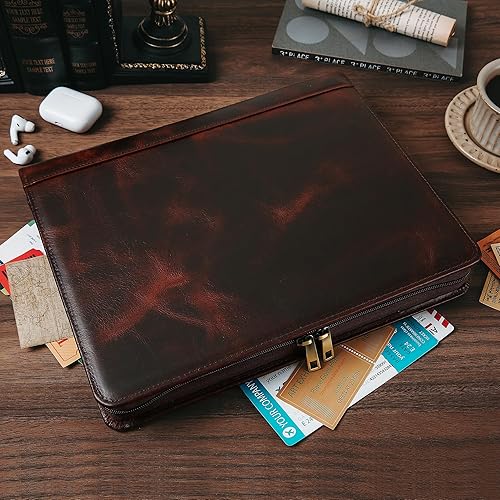 GZRHKJ Organizador de cuero auténtico, carpeta profesional de negocios con cremallera para hombres y mujeres, 13 x 10 pulgadas, marrón rojizo