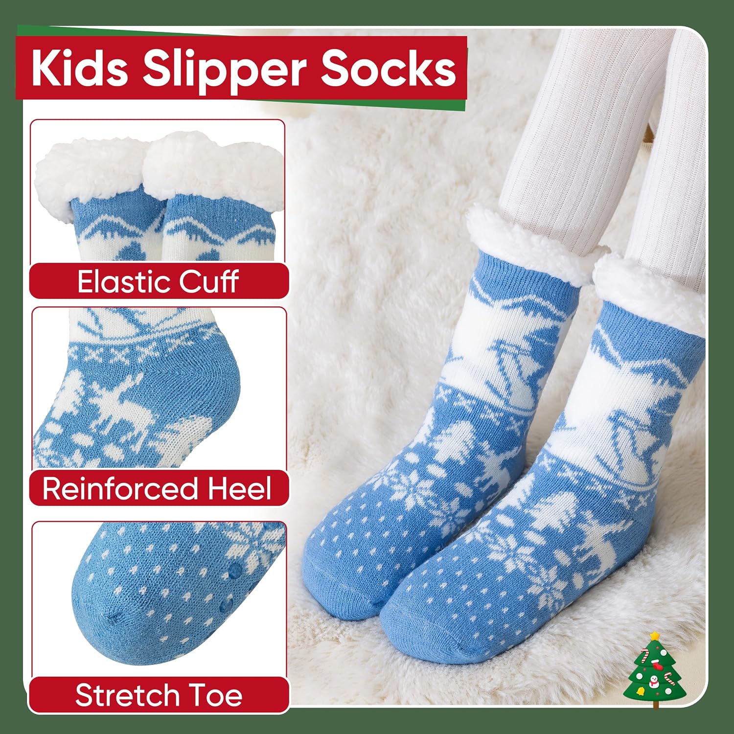 HapiLeap Kids Fuzzy Socks with Grips, Non Slip Slipper Socks 3-12T