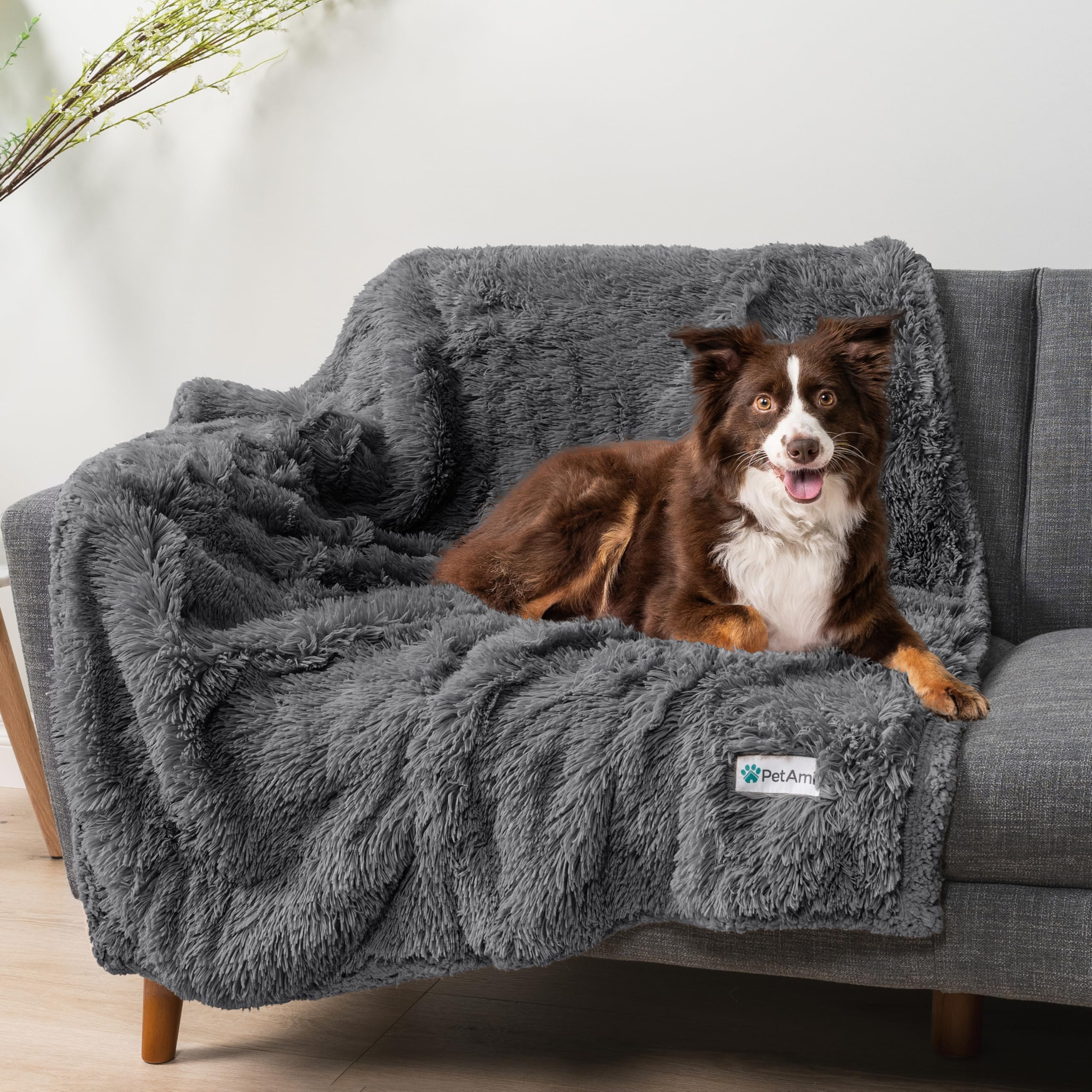 PetAmi Manta impermeable esponjosa para perro, manta de forro polar de piel sintética para mascotas para perros y gatos | Peluda suave y peluda Sherpa protector de muebles, sofá cama (gris, 40 x 60)