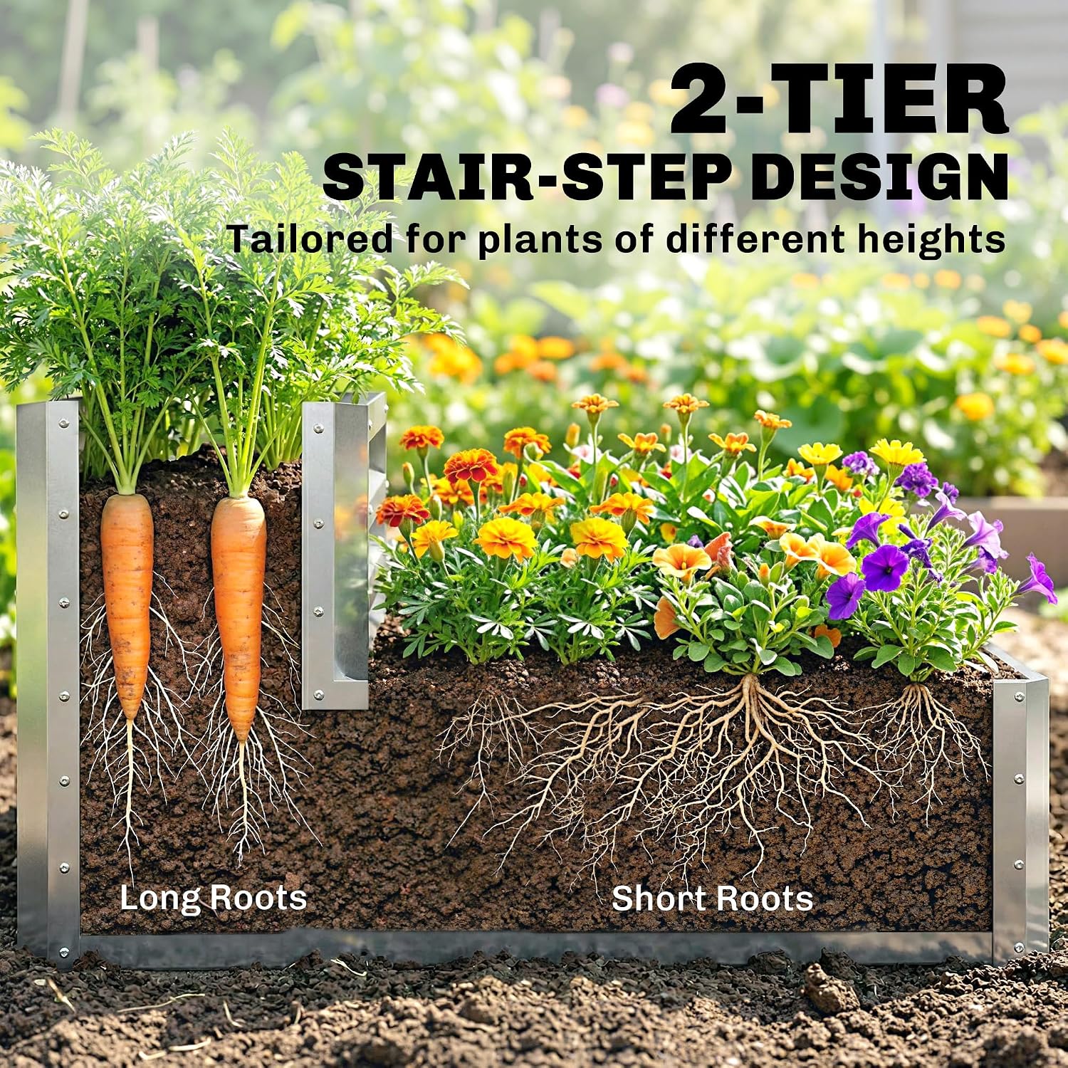 Diagram showing the 2-tier stair-step design of the garden bed, illustrating how it accommodates plants with long roots and short roots