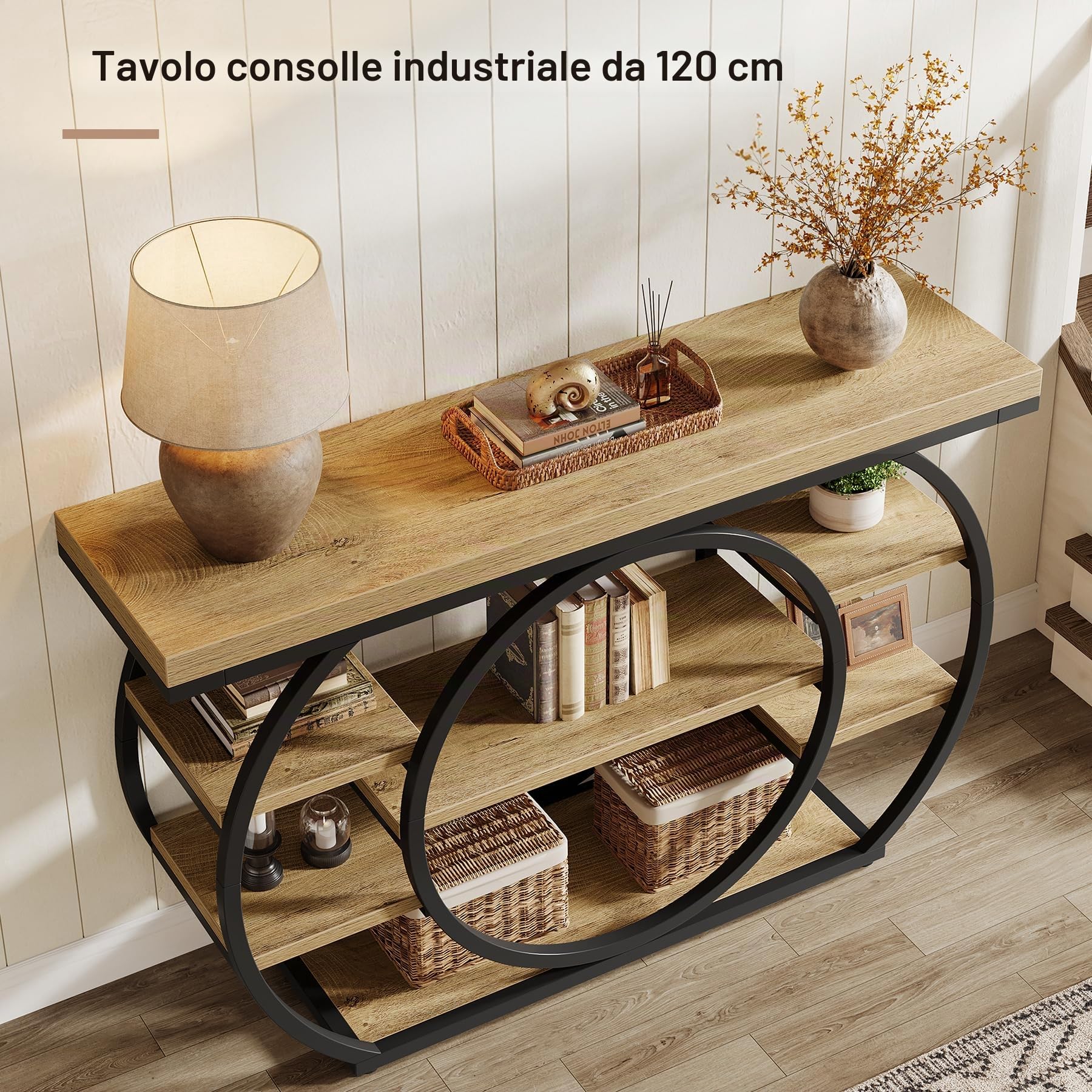 Tribesigns Tavolo consolle con base circolare, tavolo da ingresso stretto, 120 x 30 x 80 cm, scaffale portaoggetti a 4 livelli, fattoria industriale, corridoio, tavolo da divano, rustico