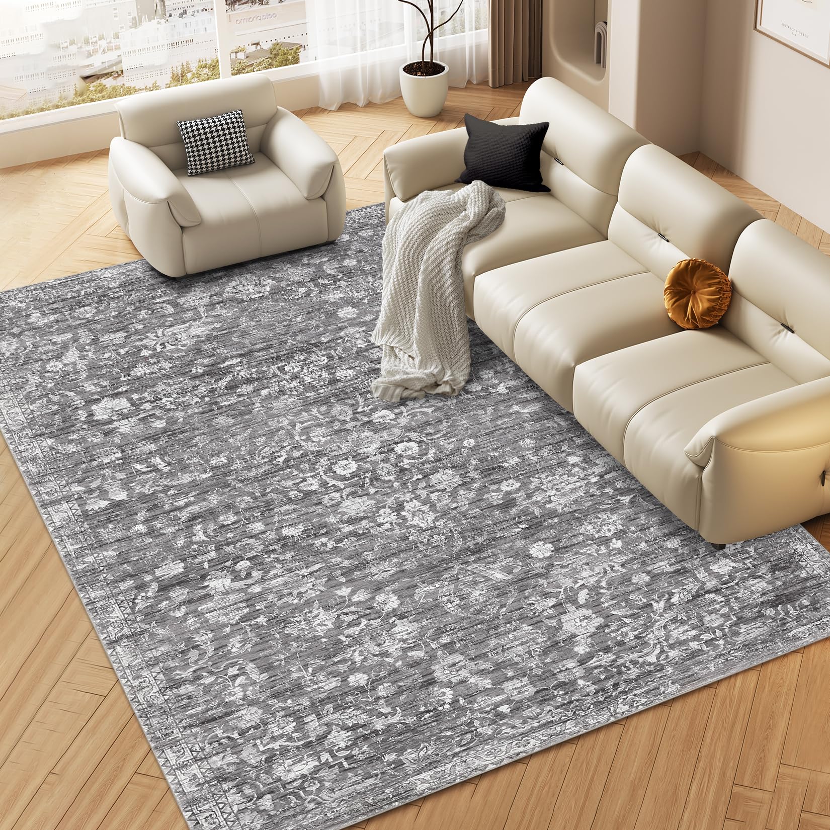 Washable Rugs 10 x 13 Rug for Living Room Vintage Rug Non Slip Large Area Rug Soft Non Shedding Throw Rugs Stain Resistant Carpet for Bedroom Office Dining Room Nursery Grey 10'x13'