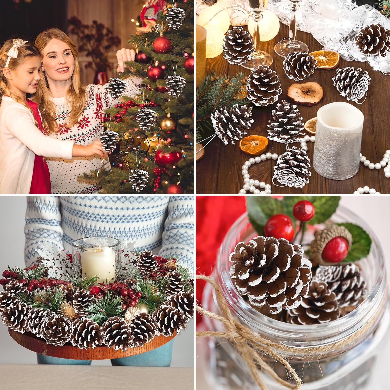 24 PCS Natural Pine Cones, 1.96 in Pinecone Ornaments, Pine Cones for Crafts with Sliver String, Decorative DIY Craft for Christmas Tree Christmas Table Decorations, Winter Decor Vase Filler