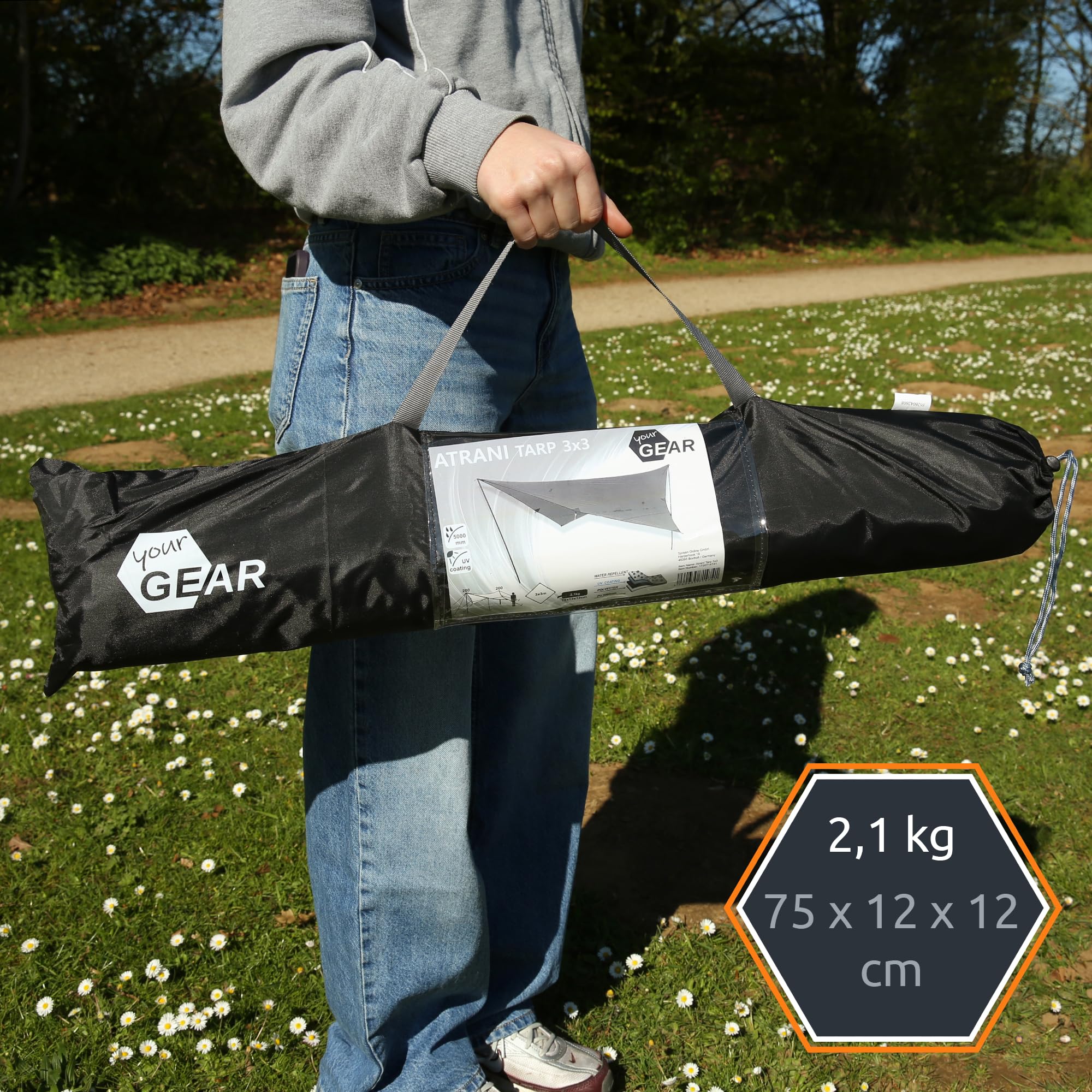 your GEAR Sonnensegel Atrani 3 x 3 m Sonnenschutz Wetterschutz Tarp 2 Auftstellstangen Wasserdicht 5000 mm Grau