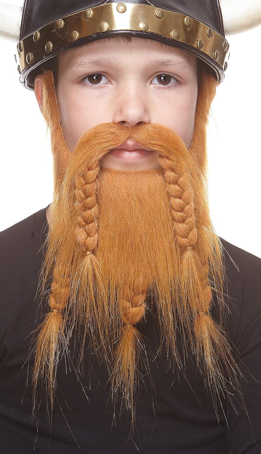 Mustaches Fake Beard, Self Adhesive, Novelty, Small Viking Dwarf False Facial Hair, Costume Accessory for Kids, Ginger Color