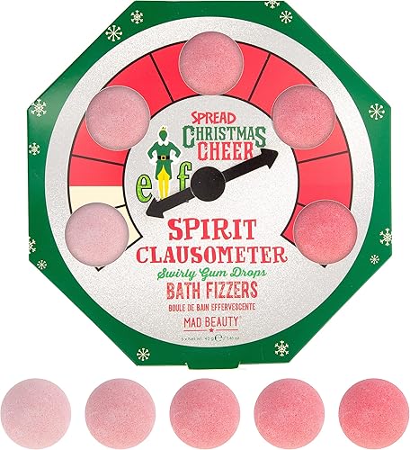 Miniatura 1 de MAD BEAUTY Warner Bros Elf Clausometer Bath Fizzers - Paquete de 5 sales de baño perfumadas con gotas de goma de mascar Swirly, cuidado del cuerpo,