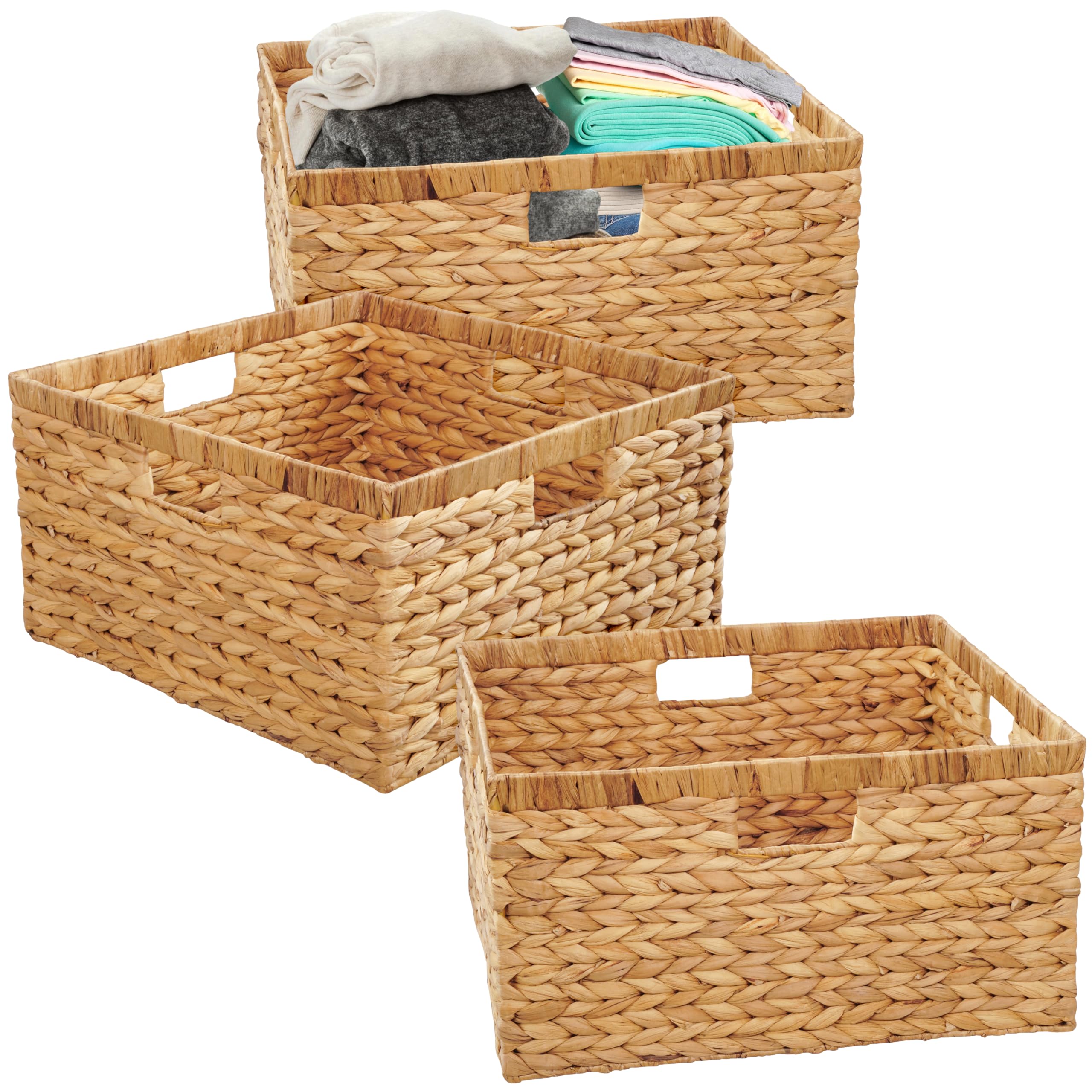 Large 14.5” x 13.5” x 8” (Set of 3) Natural Water Hyacinth Woven