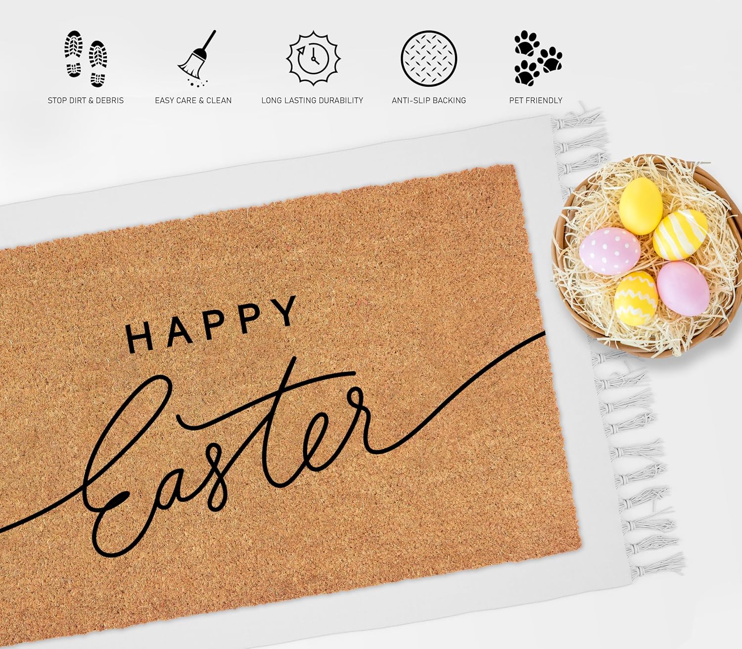 Happy Easter Doormat 18x30 Inch – Natural Coir Welcome Door Mat with Modern Script Design, Non-Slip Backing, Indoor Outdoor Front Porch Entryway Spring Easter Decor (Handwritten)